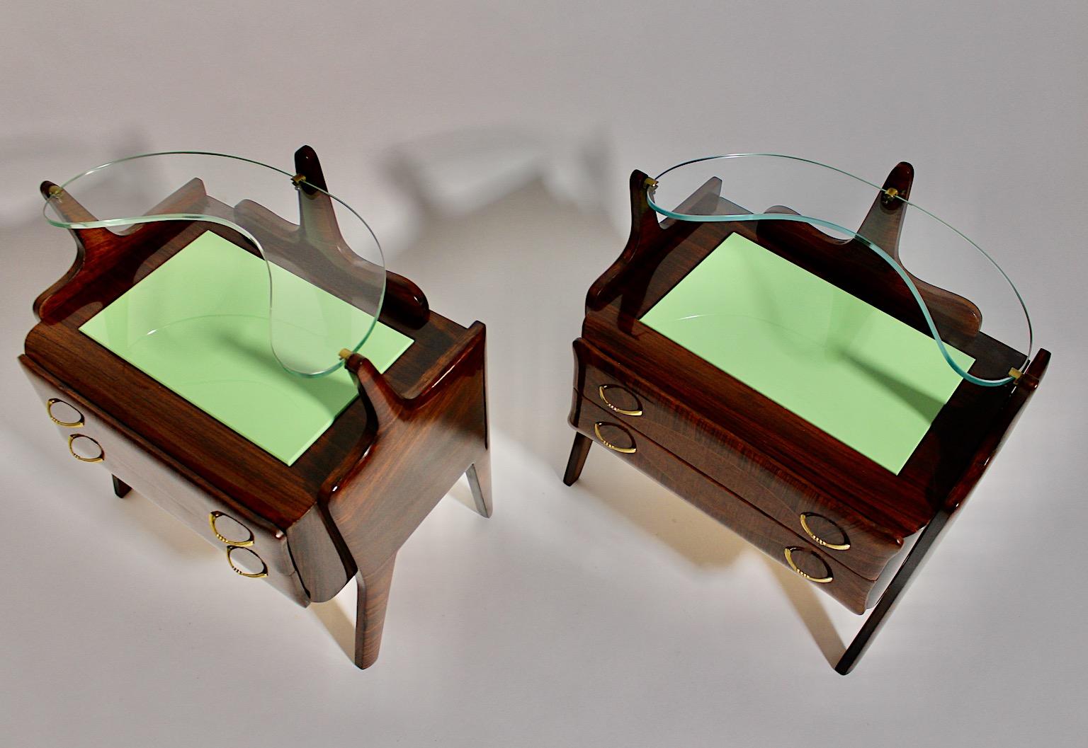 Mid Century Vintage Nightstands Chests Walnut Brass Green Glass, Italy, 1940s For Sale 7