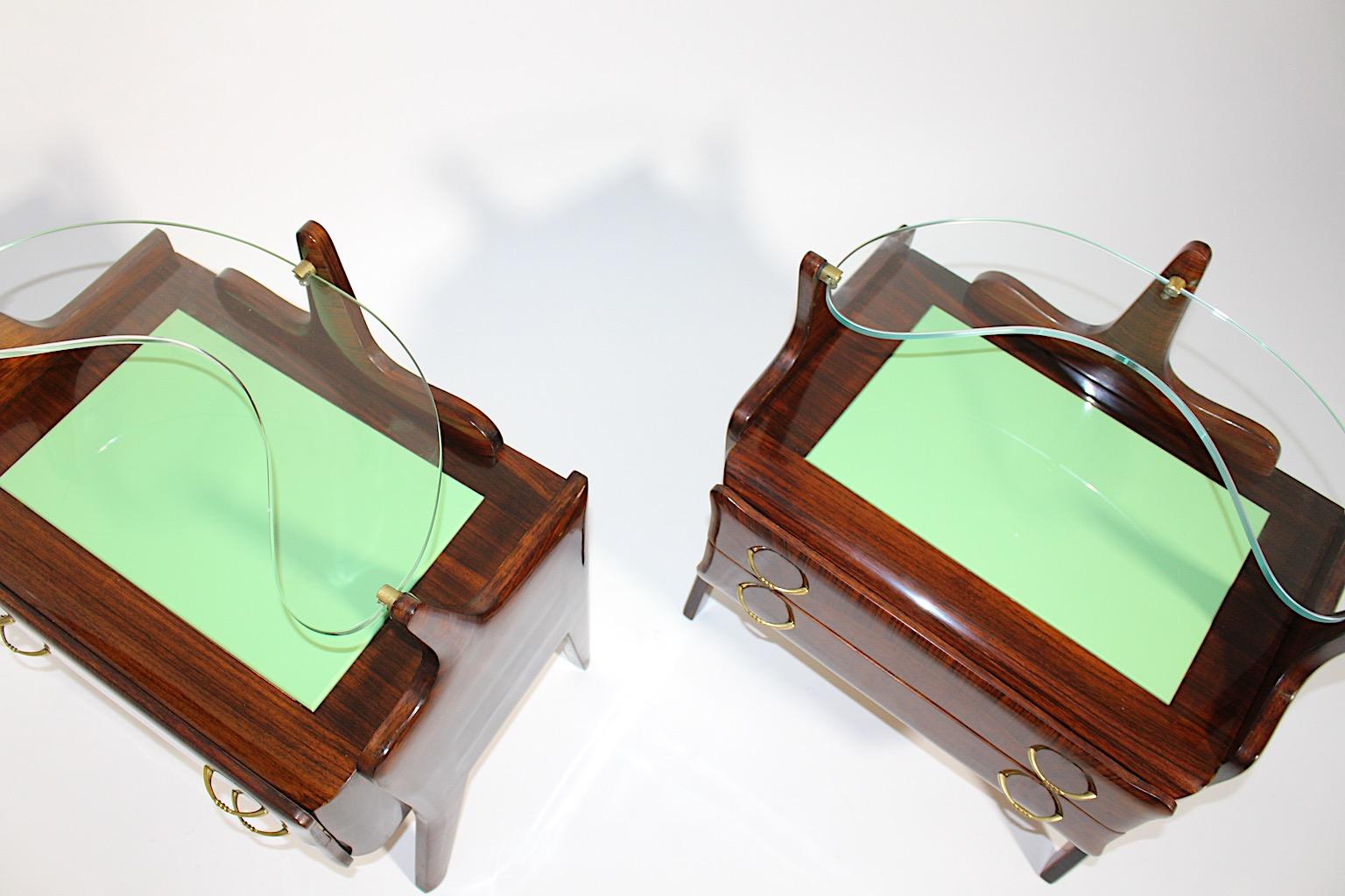 Mid Century Vintage Nightstands Chests Walnut Brass Green Glass, Italy, 1940s For Sale 8