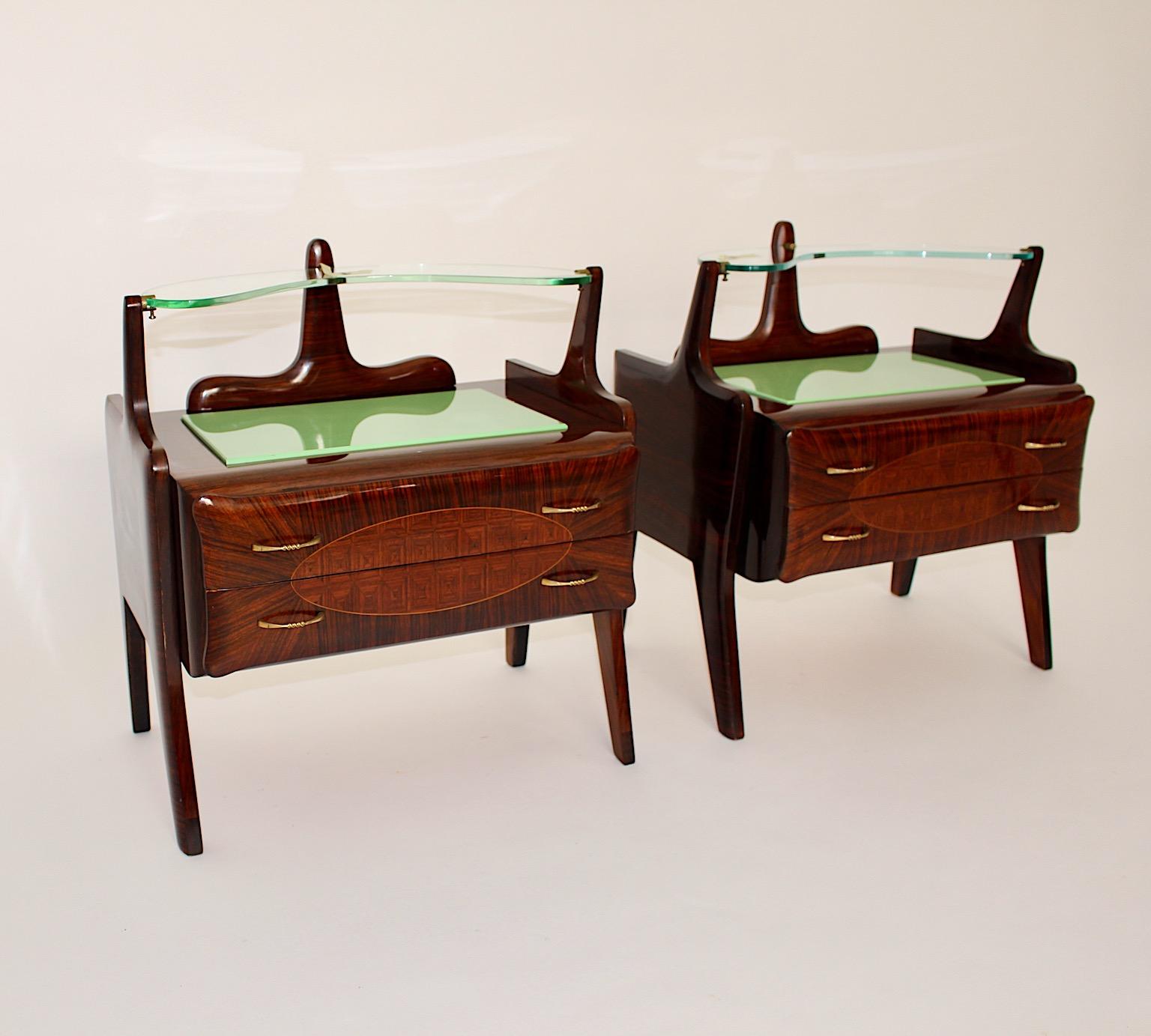 Mid-Century Modern Mid Century Vintage Nightstands Chests Walnut Brass Green Glass, Italy, 1940s For Sale