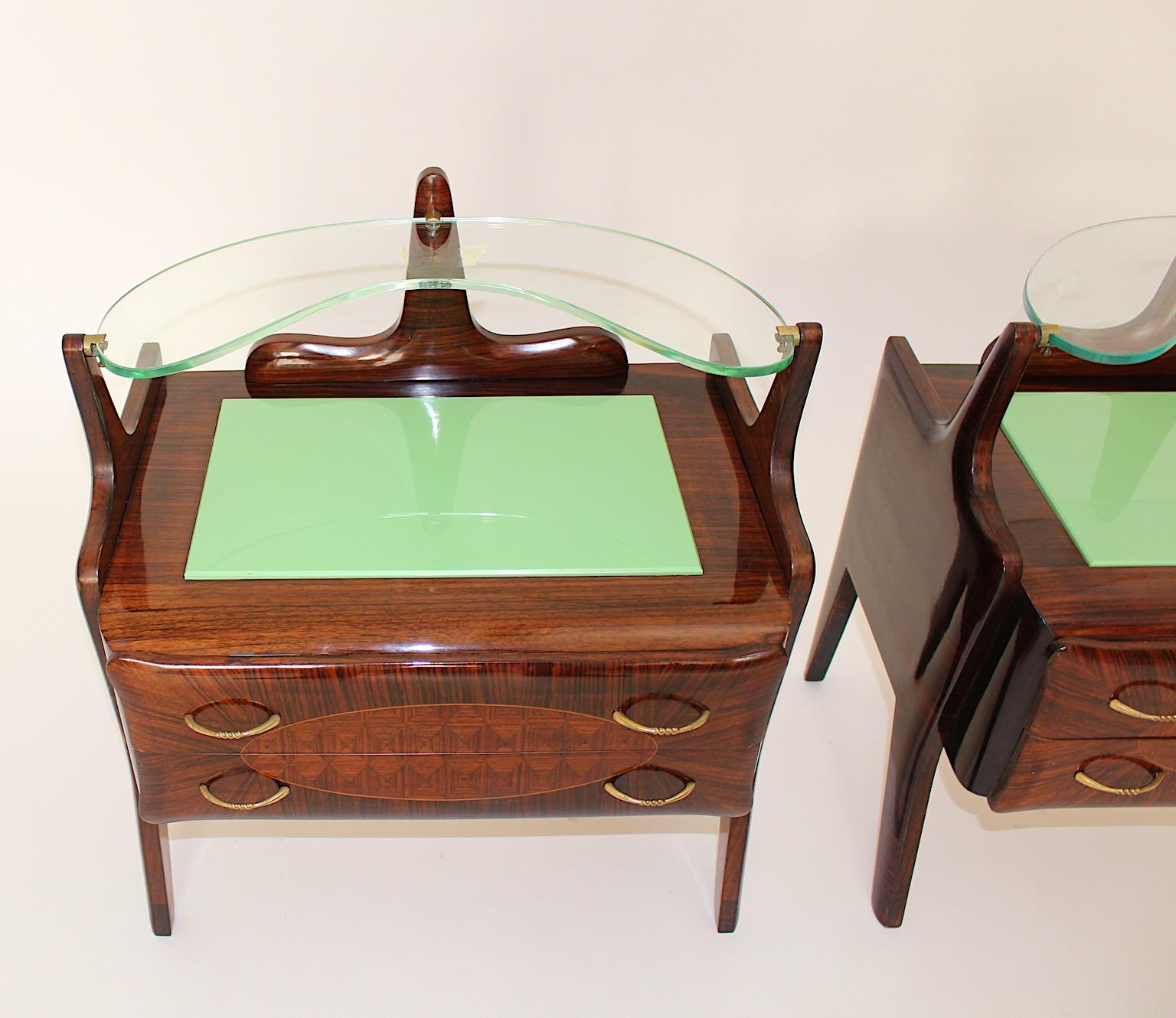 Mid Century Vintage Nightstands Chests Walnut Brass Green Glass, Italy, 1940s For Sale 1