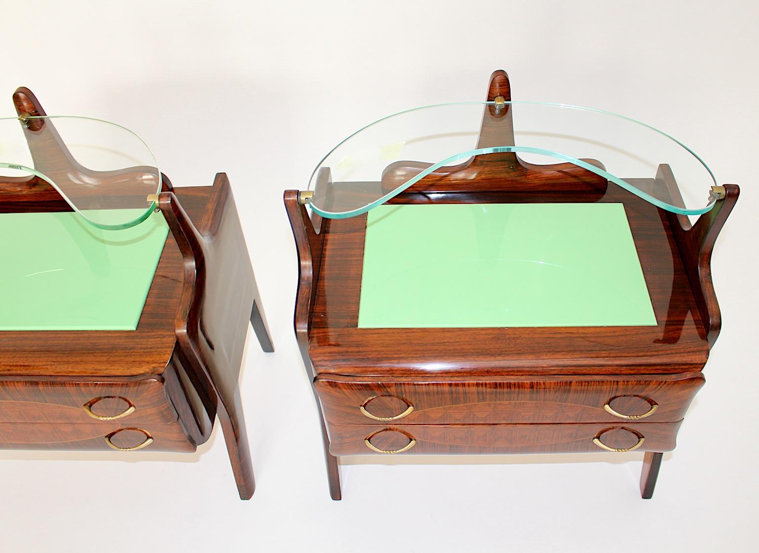 Mid Century Vintage Nightstands Chests Walnut Brass Green Glass, Italy, 1940s For Sale 2