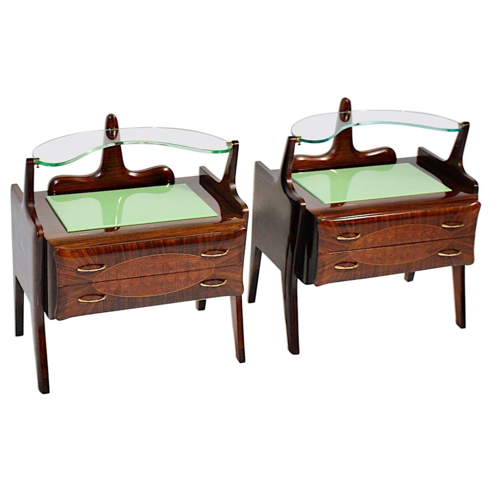 Mid Century Vintage Nightstands Chests Walnut Brass Green Glass, Italy, 1940s For Sale