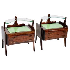 Mid Century Used Nightstands Chests Walnut Brass Green Glass, Italy, 1940s