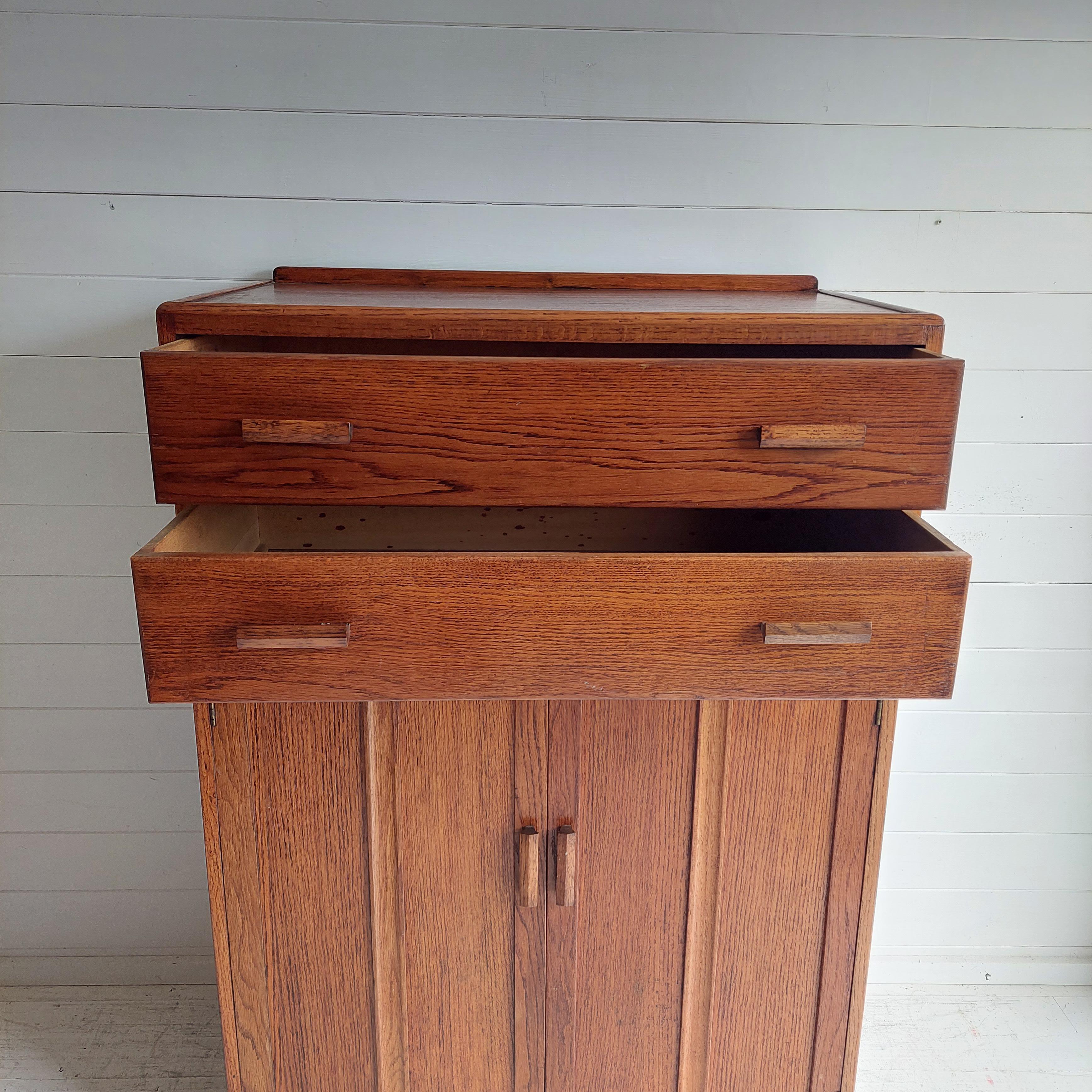 Mid Century Vintage Oak Tallboy Storage Cupboard drawers Utility, 1940s 6
