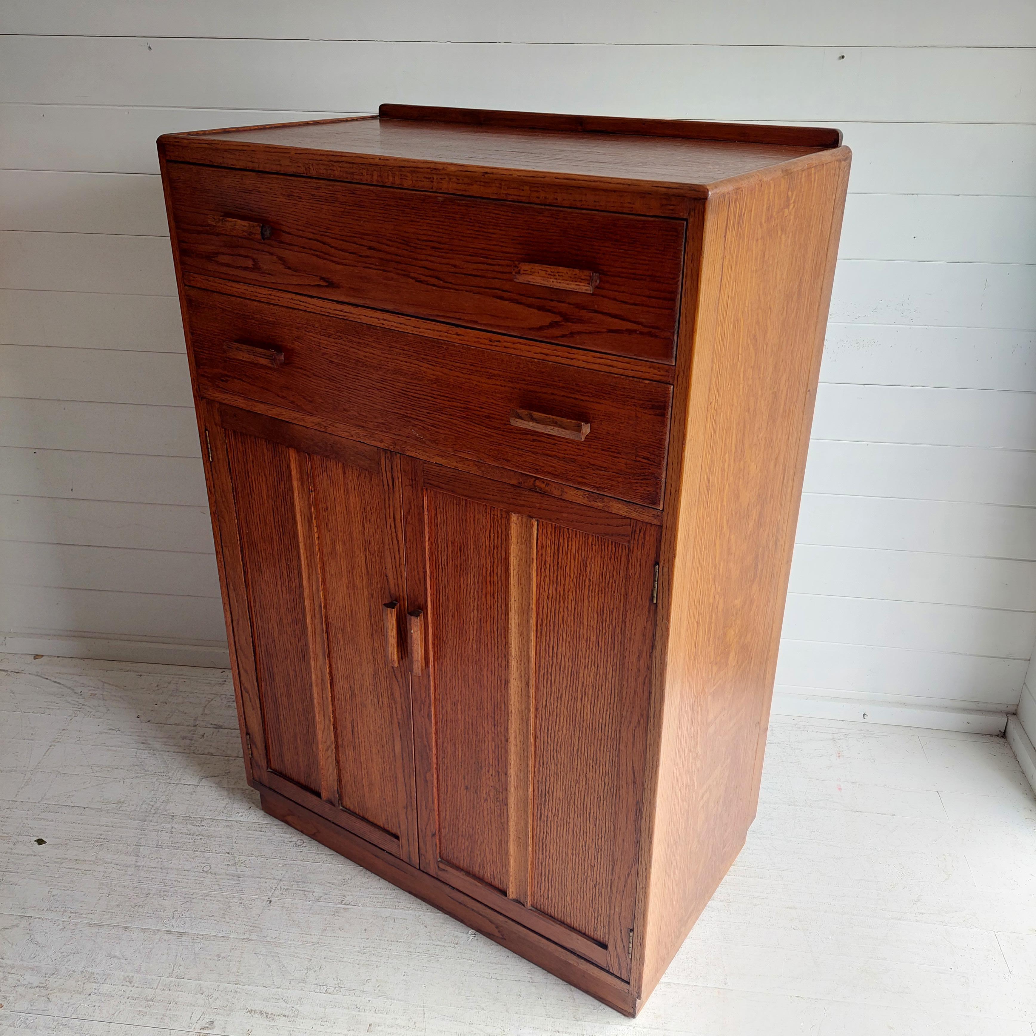 British Mid Century Vintage Oak Tallboy Storage Cupboard drawers Utility, 1940s