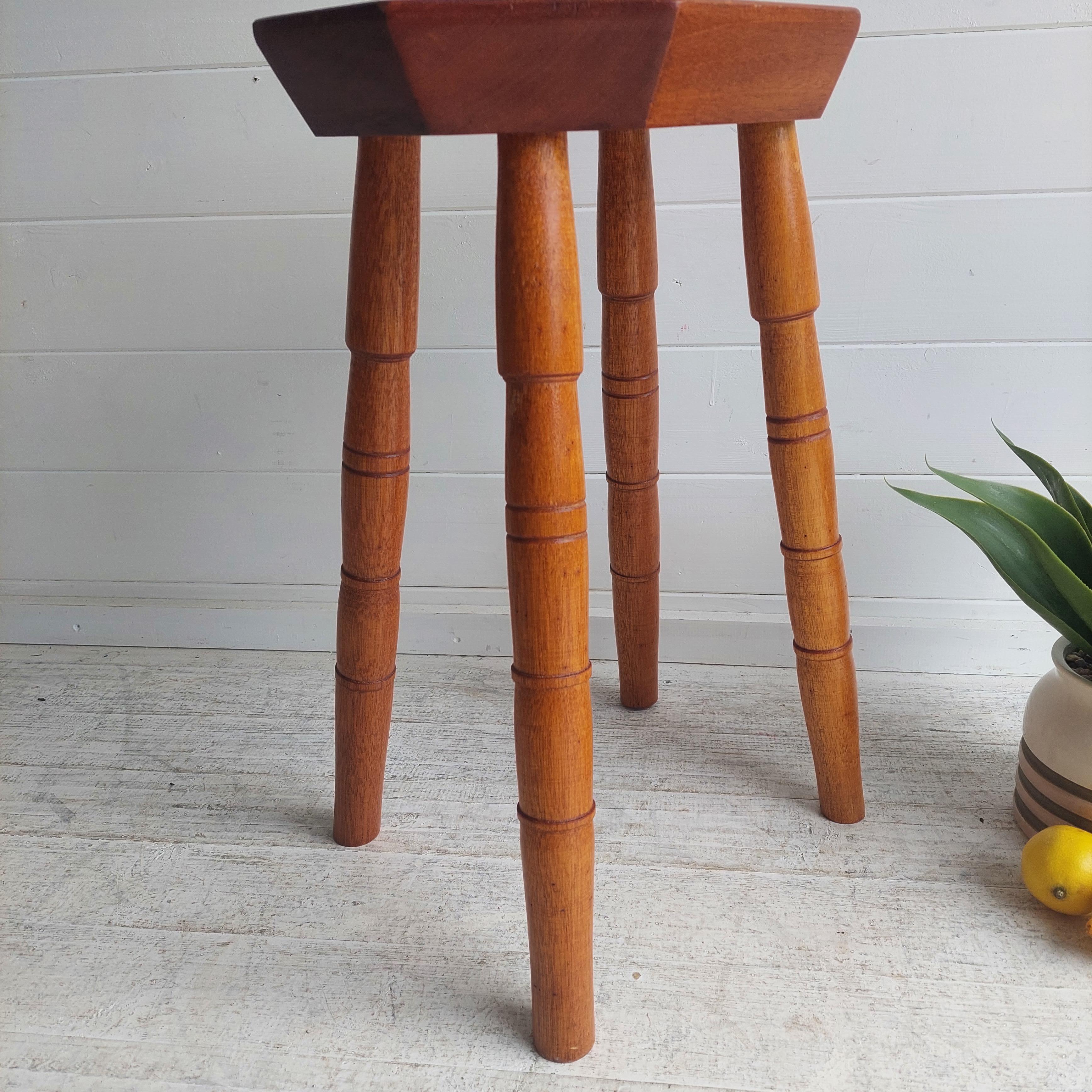 Mid Century Vintage octagonal solid wood stool, 1960 For Sale 5