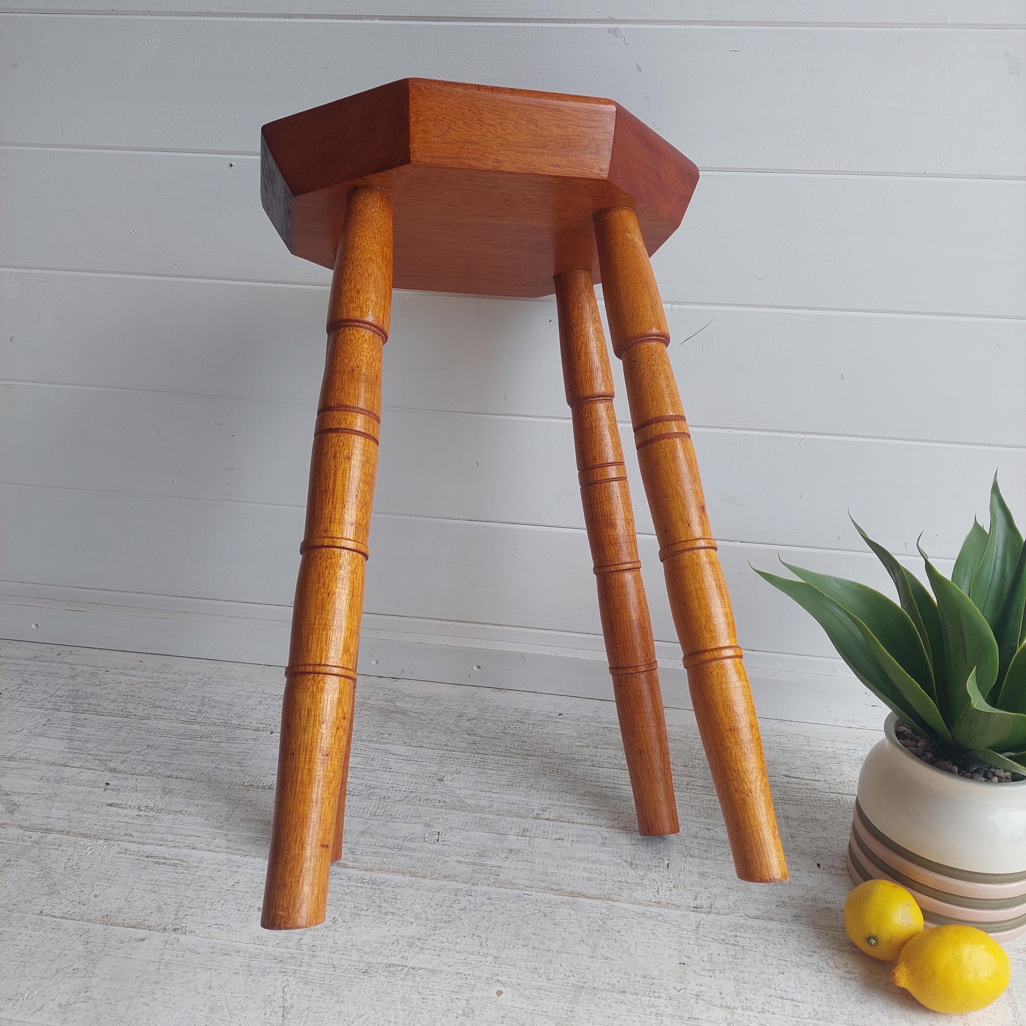 Mid Century Vintage octagonal solid wood stool, 1960 For Sale 9