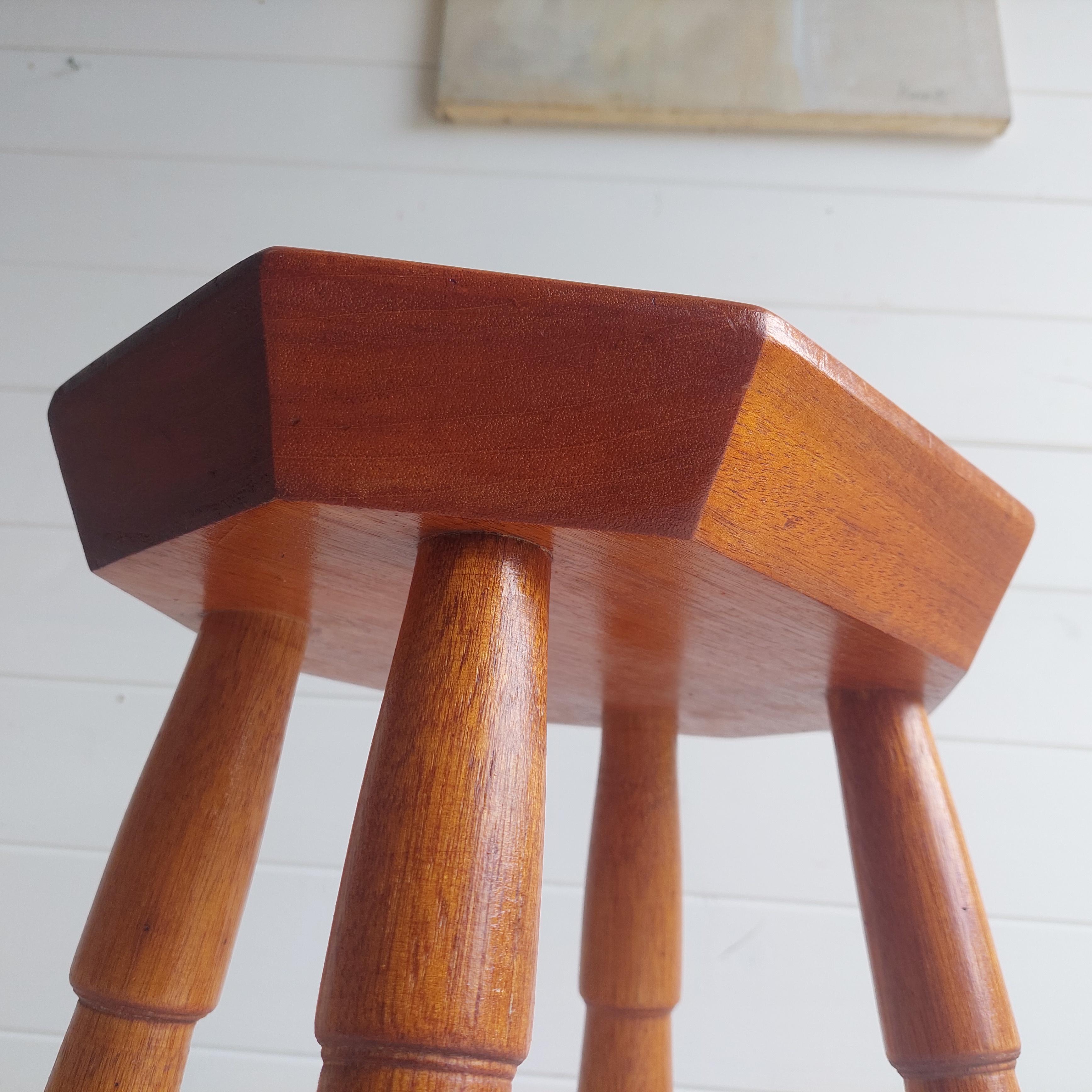 Mid Century Vintage octagonal solid wood stool, 1960 For Sale 11