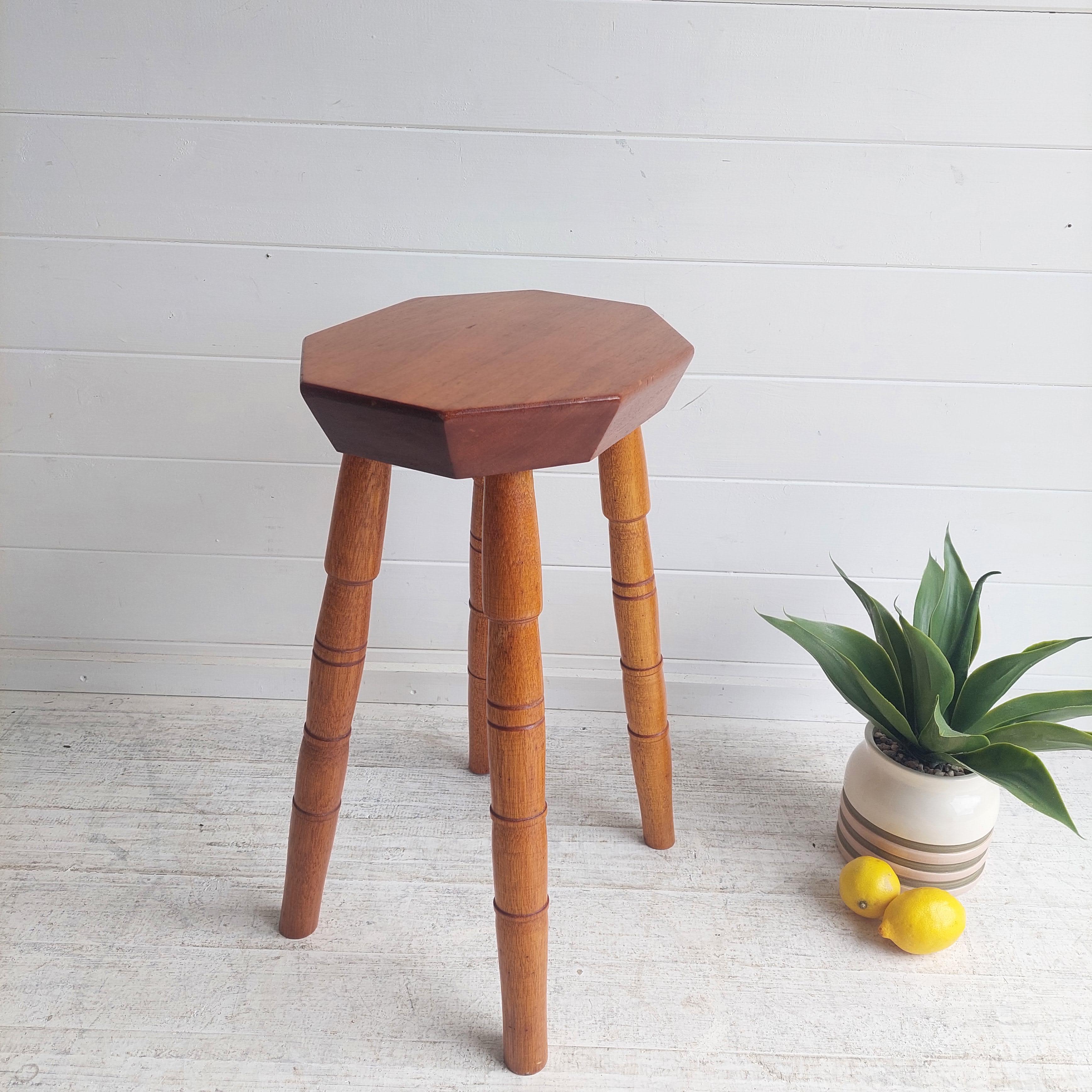 Wood Mid Century Vintage octagonal solid wood stool, 1960 For Sale