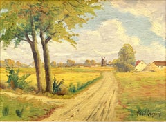 Mid century vintage oil on canvas painting of Scandinavian countryside landscape