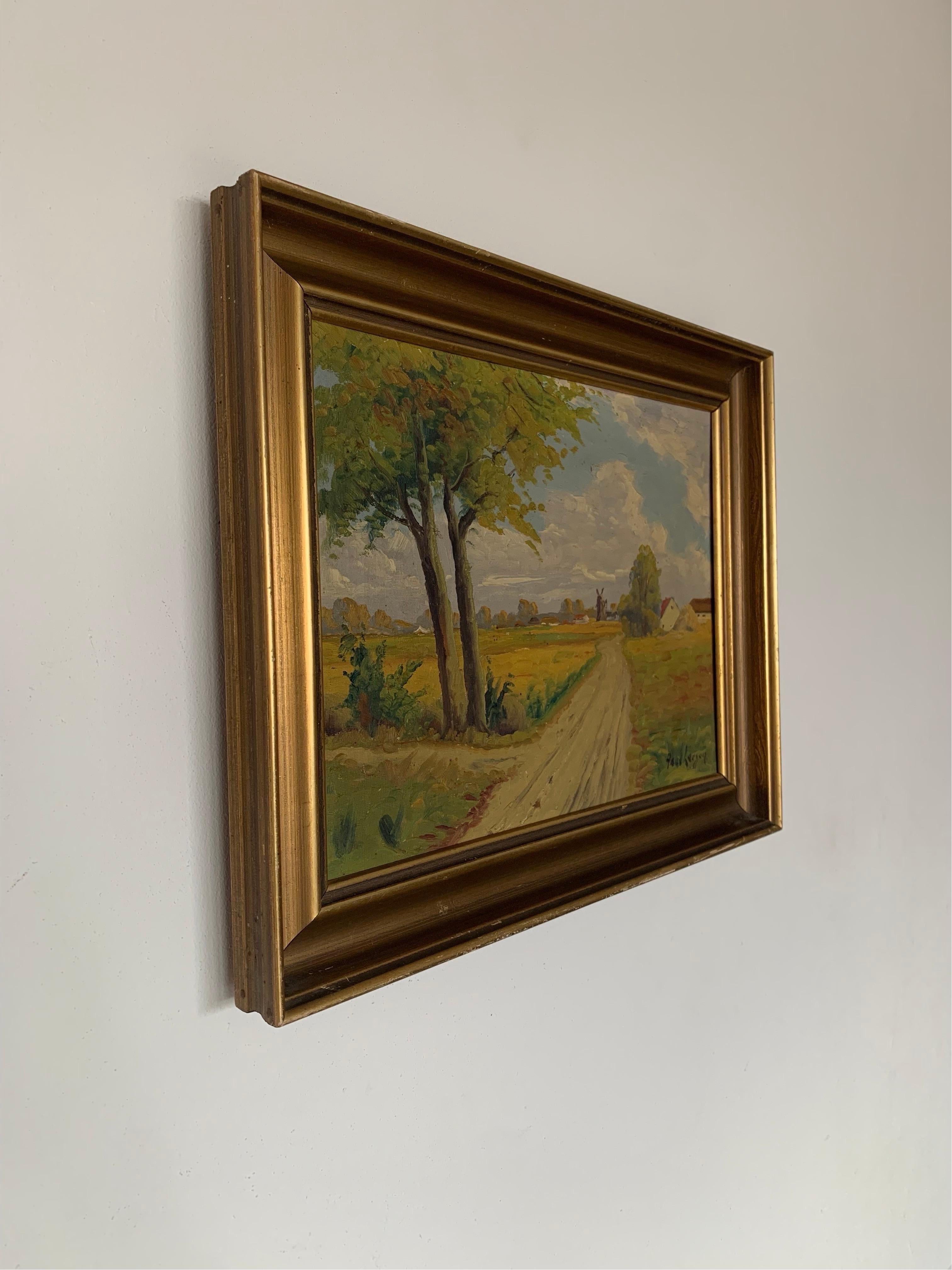 Romantico Dipinto olio su tela della metà del secolo scorso raffigurante un paesaggio di campagna scandinavo in vendita