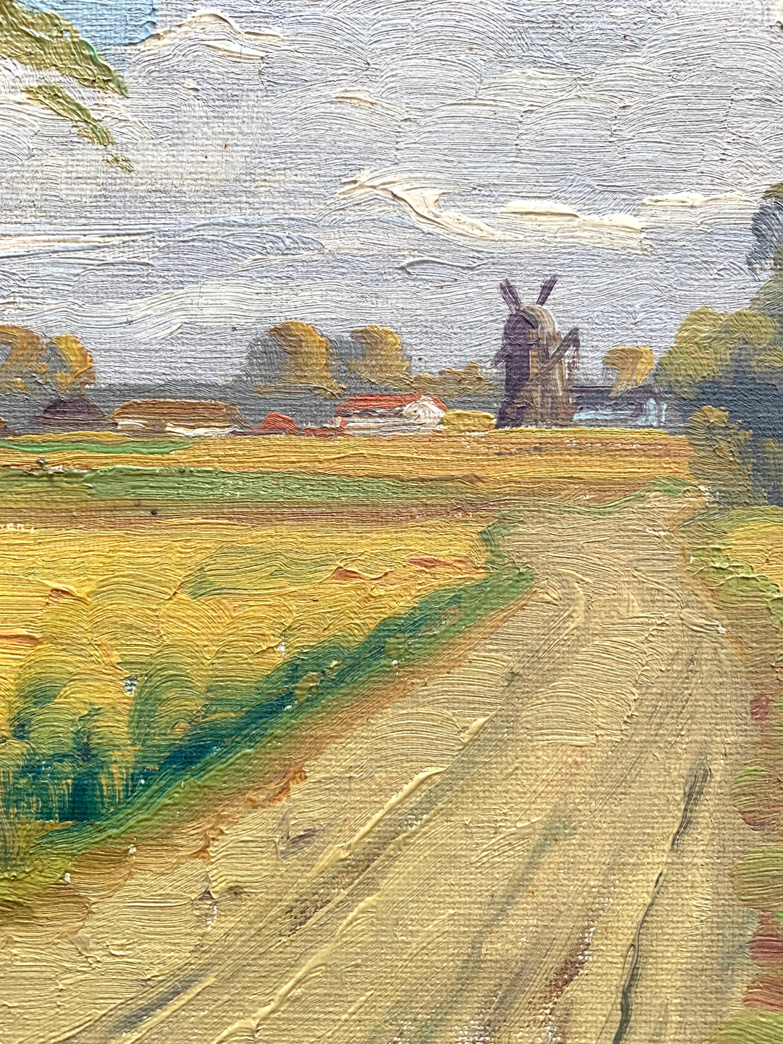 Dipinto olio su tela della metà del secolo scorso raffigurante un paesaggio di campagna scandinavo In condizioni buone in vendita a Ebberup, DK
