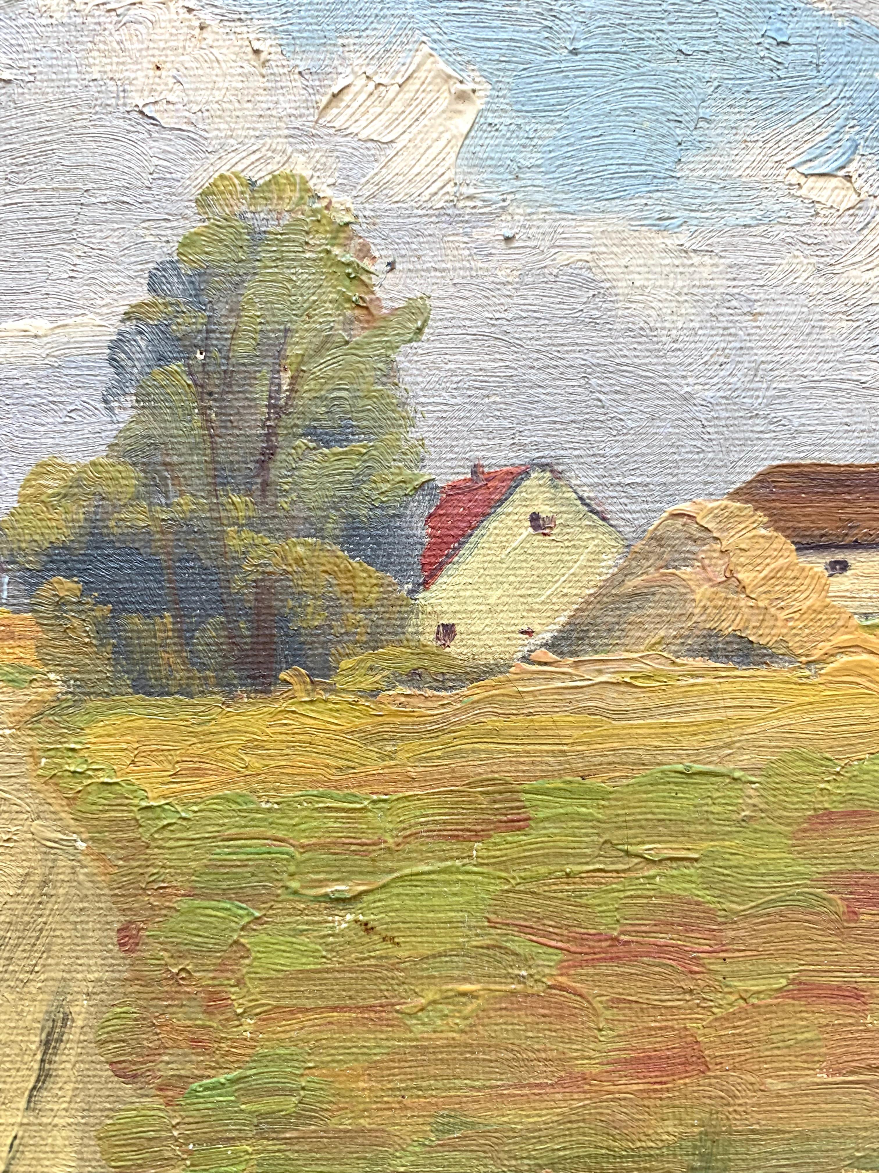 XX secolo Dipinto olio su tela della metà del secolo scorso raffigurante un paesaggio di campagna scandinavo in vendita