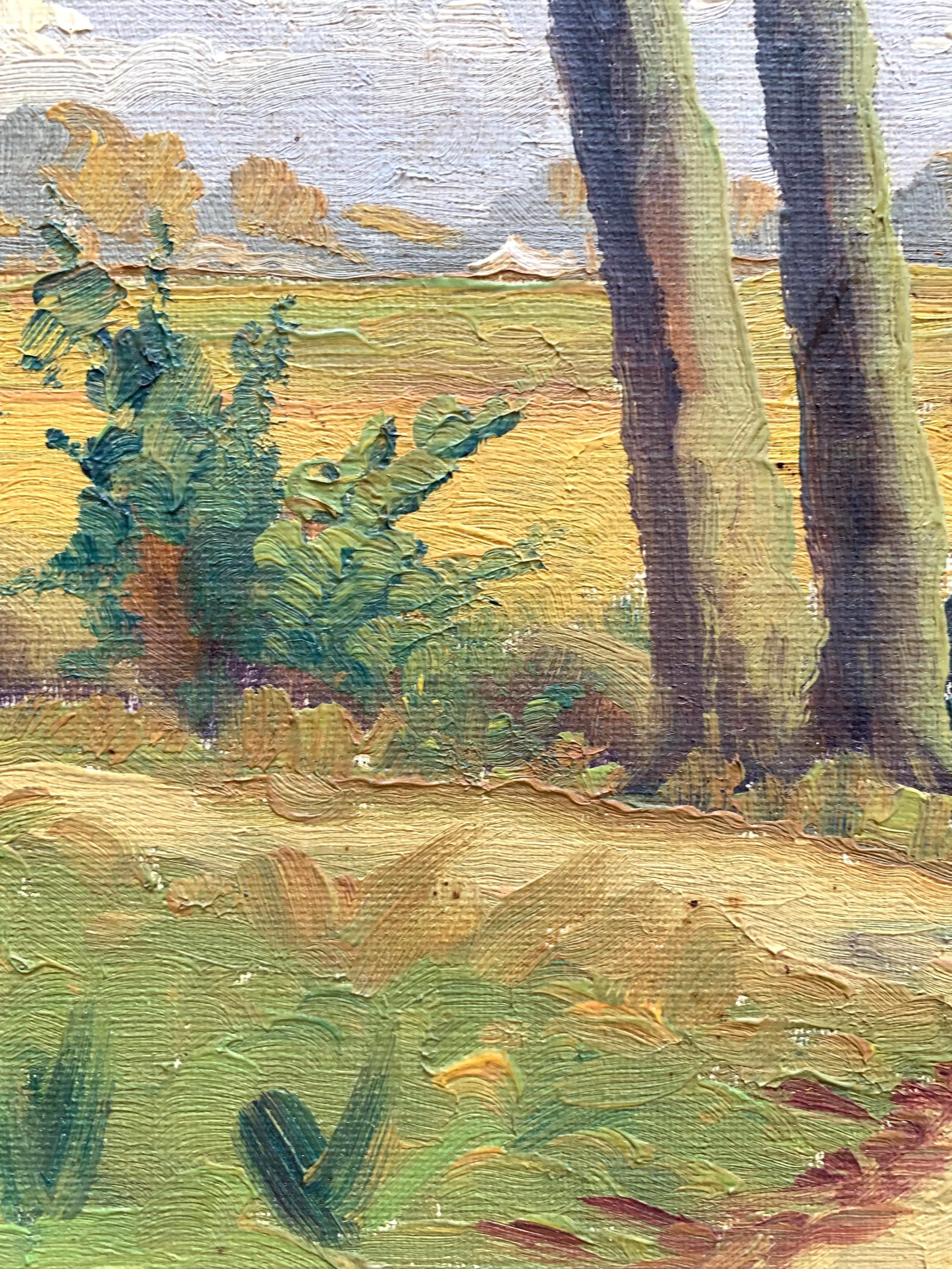 Pittura Dipinto olio su tela della metà del secolo scorso raffigurante un paesaggio di campagna scandinavo in vendita