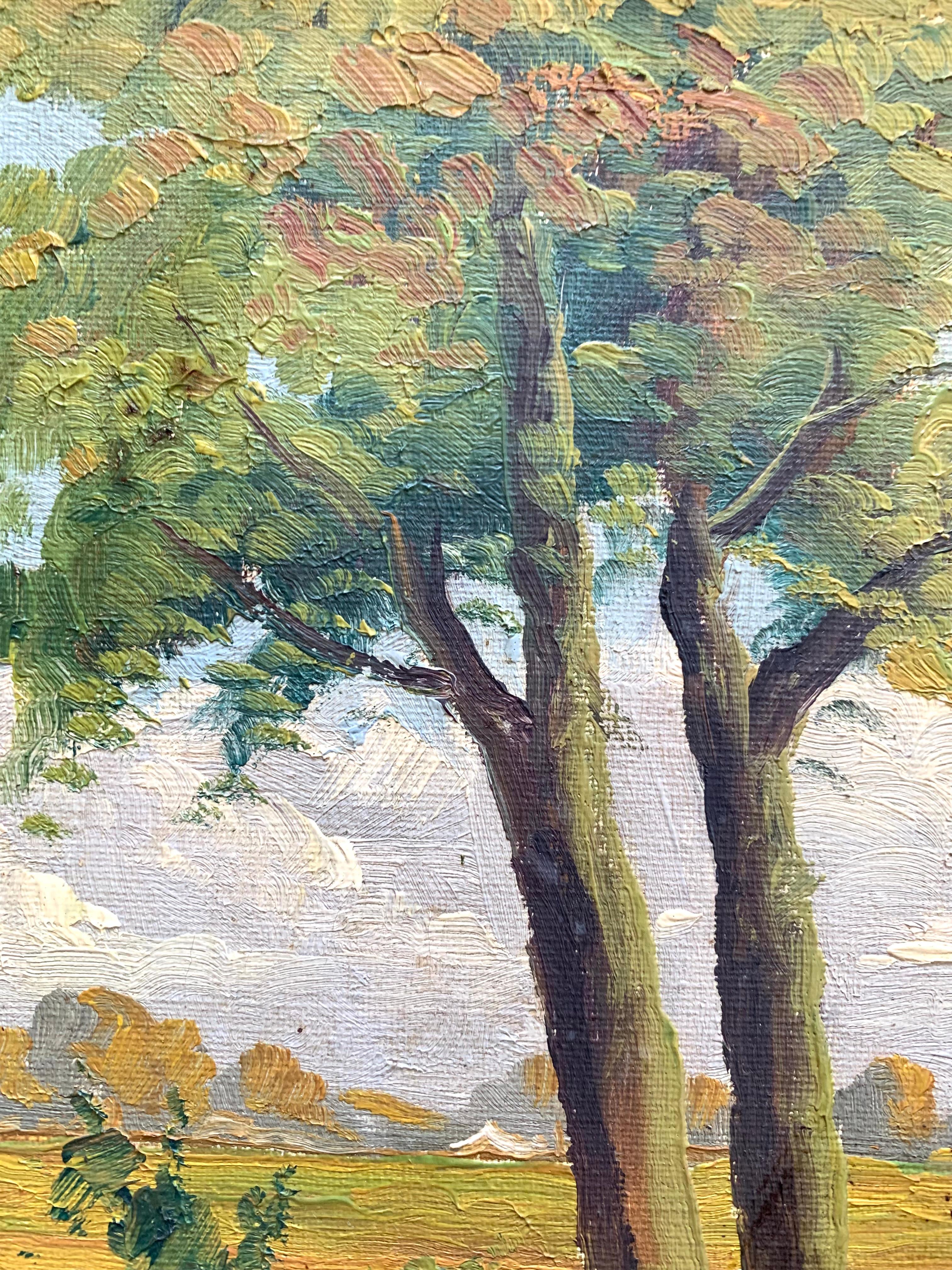 Dipinto olio su tela della metà del secolo scorso raffigurante un paesaggio di campagna scandinavo in vendita 1