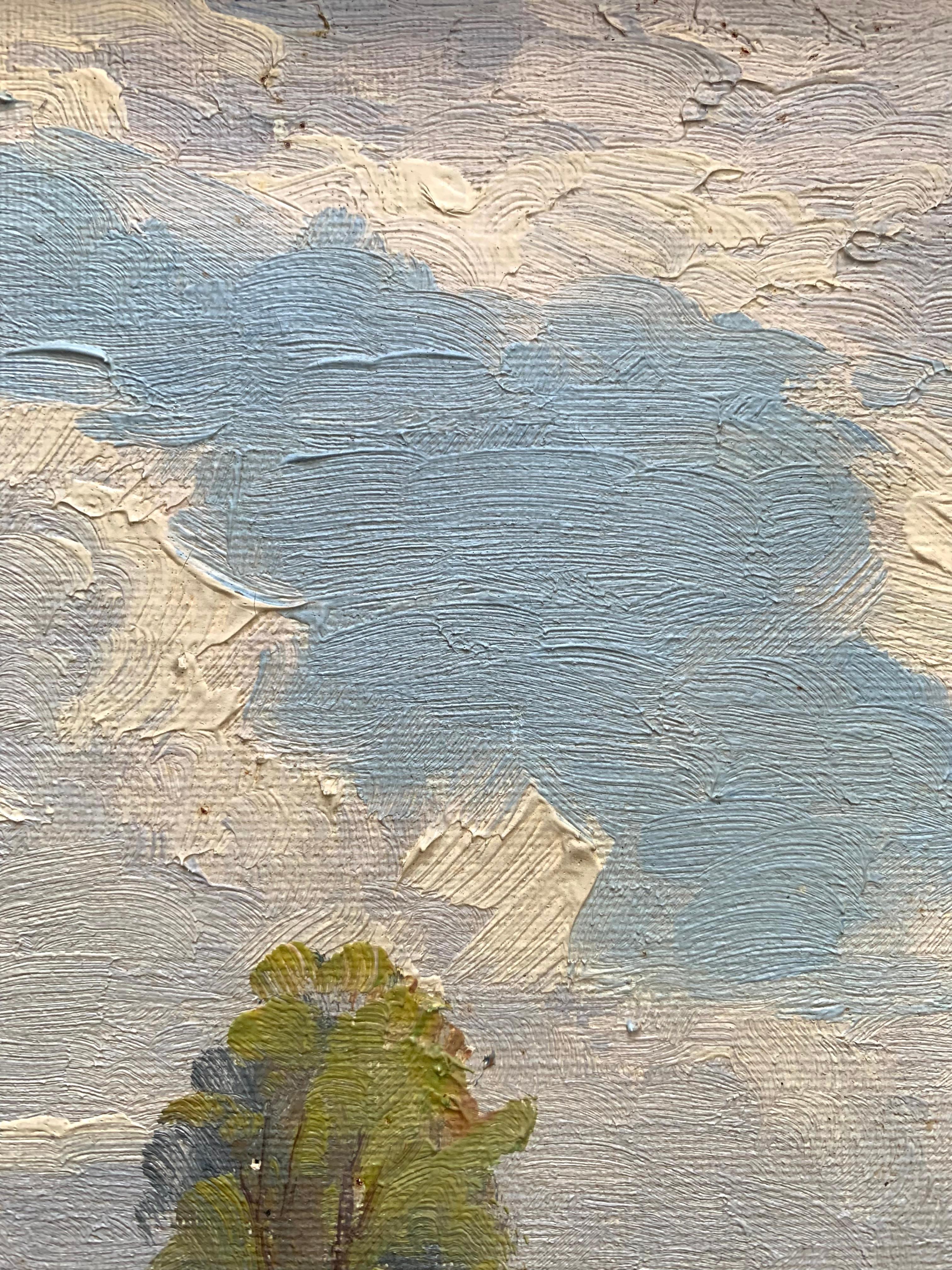 Dipinto olio su tela della metà del secolo scorso raffigurante un paesaggio di campagna scandinavo in vendita 2