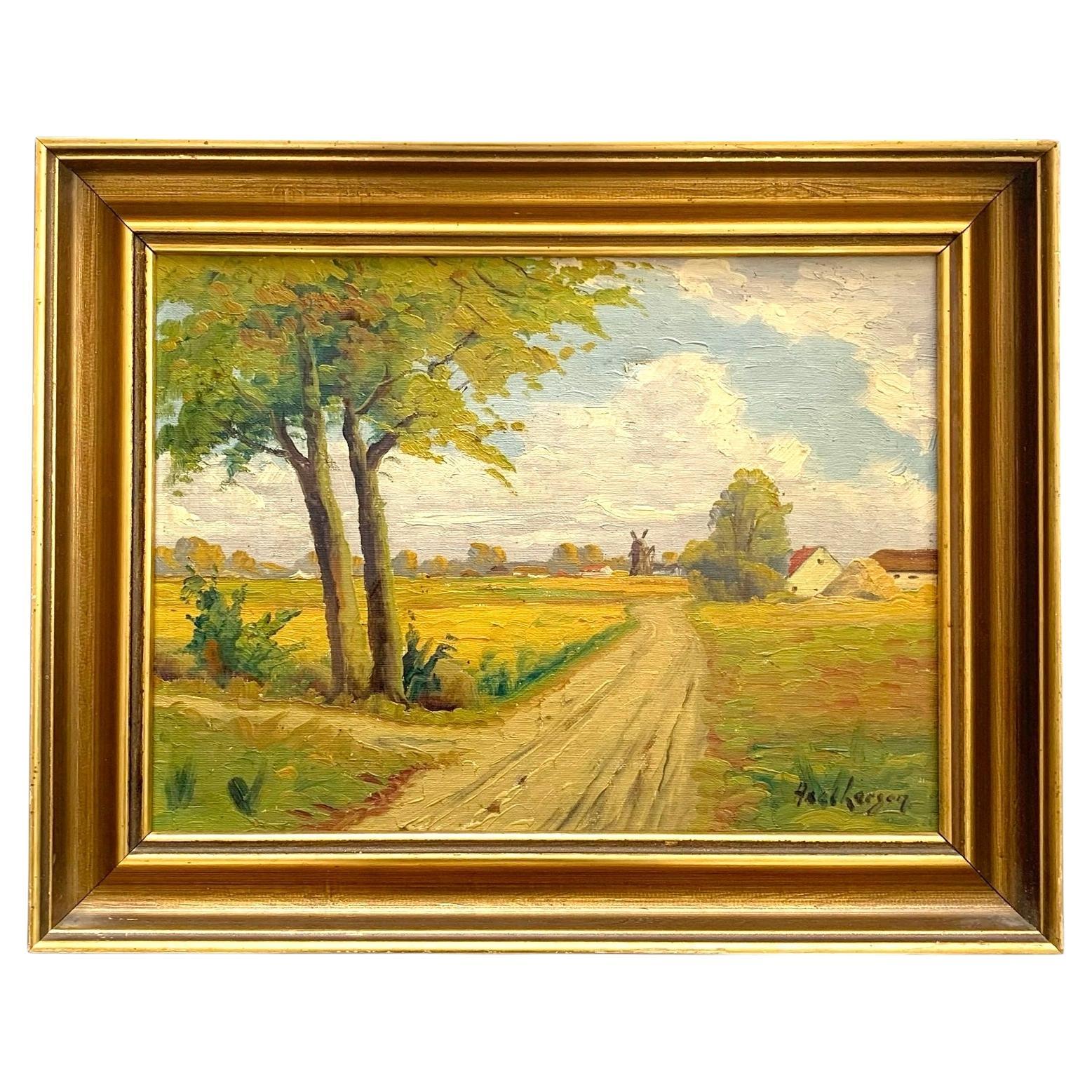 Mid century vintage oil on canvas painting of Scandinavian countryside landscape