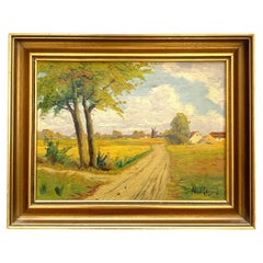 Mid century vintage oil on canvas painting of Scandinavian countryside landscape