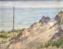 Óleo vintage de mediados de siglo de un paisaje costero en colores terrosos