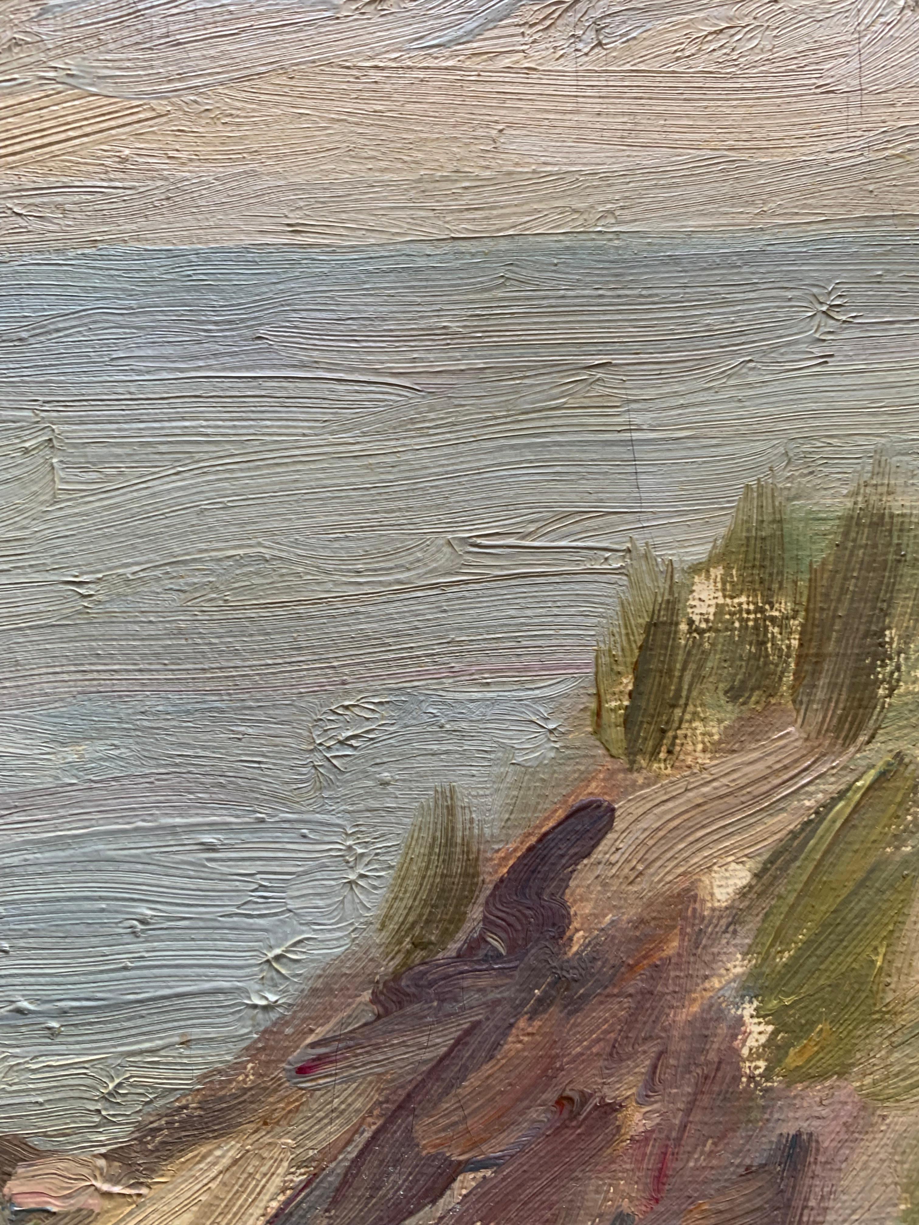 Ölgemälde einer Küstenlandschaft aus der Mitte des Jahrhunderts in erdigen Farben (Gemalt) im Angebot