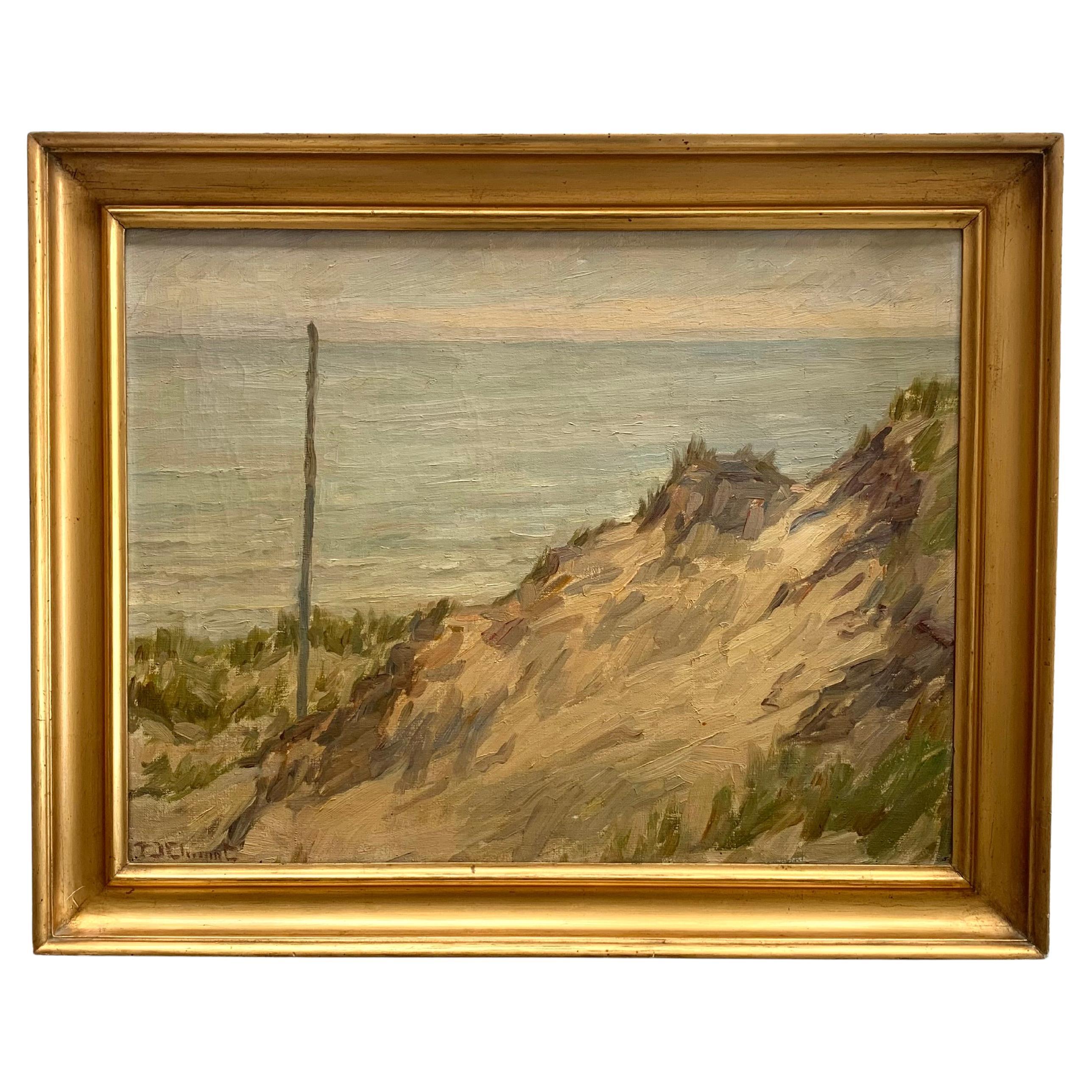 Mid century vintage oil painting of a seaside landscape in earthly colours