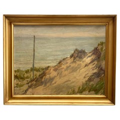 Mid century vintage oil painting of a seaside landscape in earthly colours