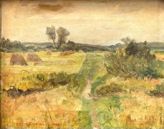 Mid century vintage oil painting of Danish cultivated landscape by Einar Parslev