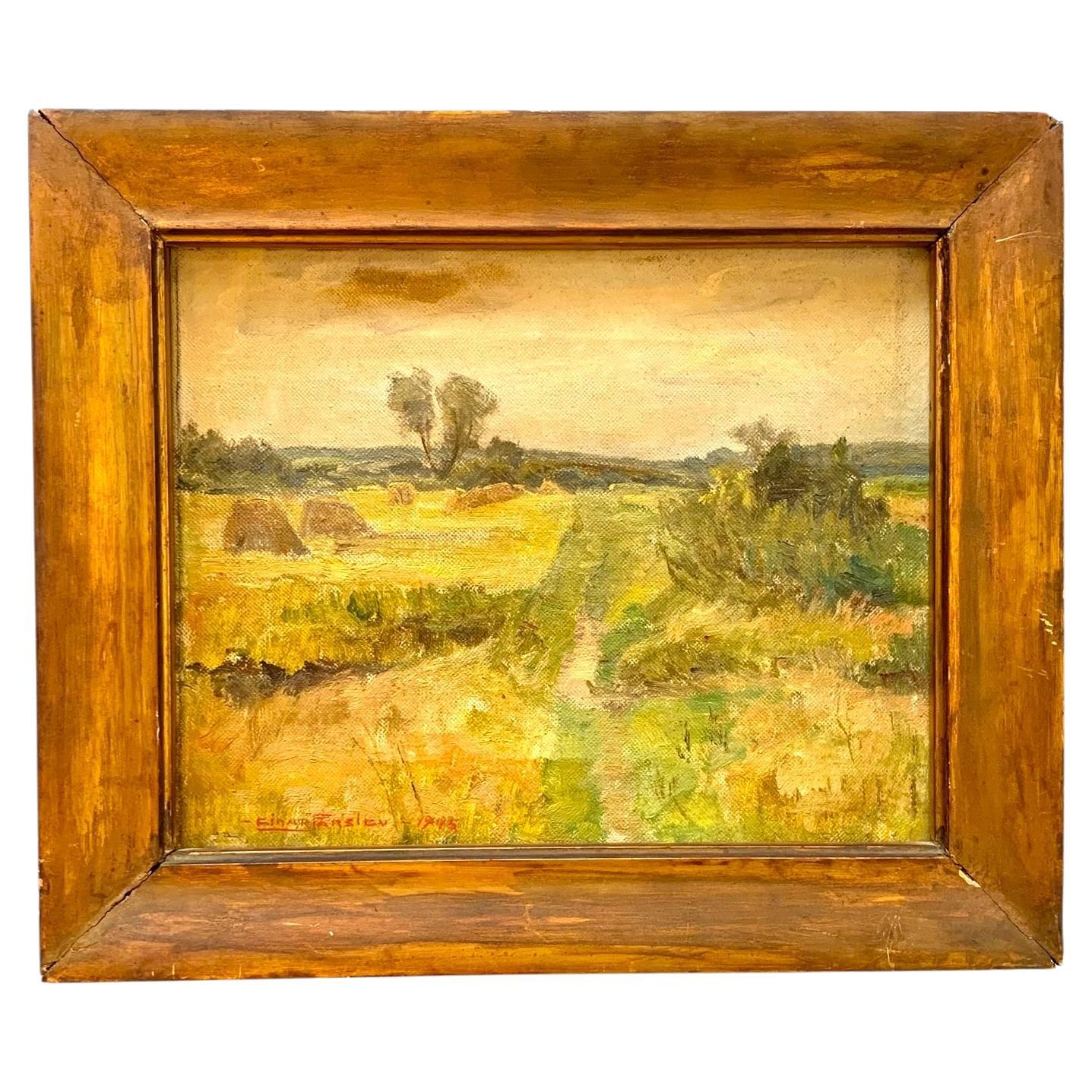 Mid century vintage oil painting of Danish cultivated landscape by Einar Parslev