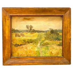 Mid century vintage oil painting of Danish cultivated landscape by Einar Parslev