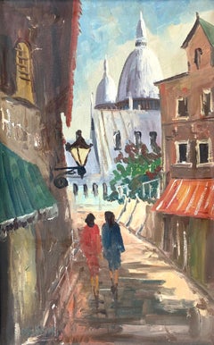 Mid century vintage oil painting of women in a Paris scenery near Sacré Coeur