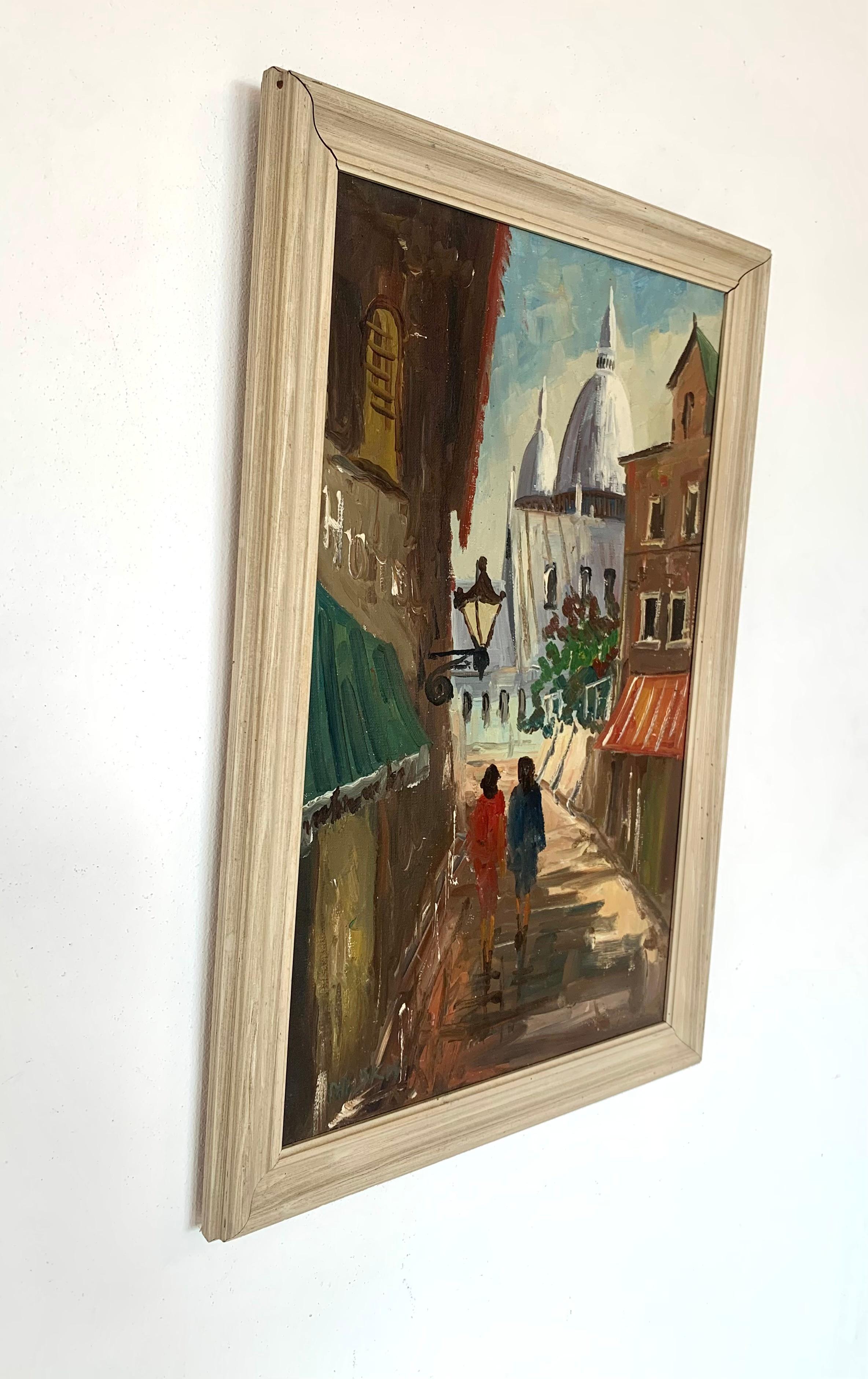 Mid-Century moderno Quadro a olio d'epoca di metà secolo raffigurante donne in uno scenario parigino vicino al Sacro Cuore in vendita