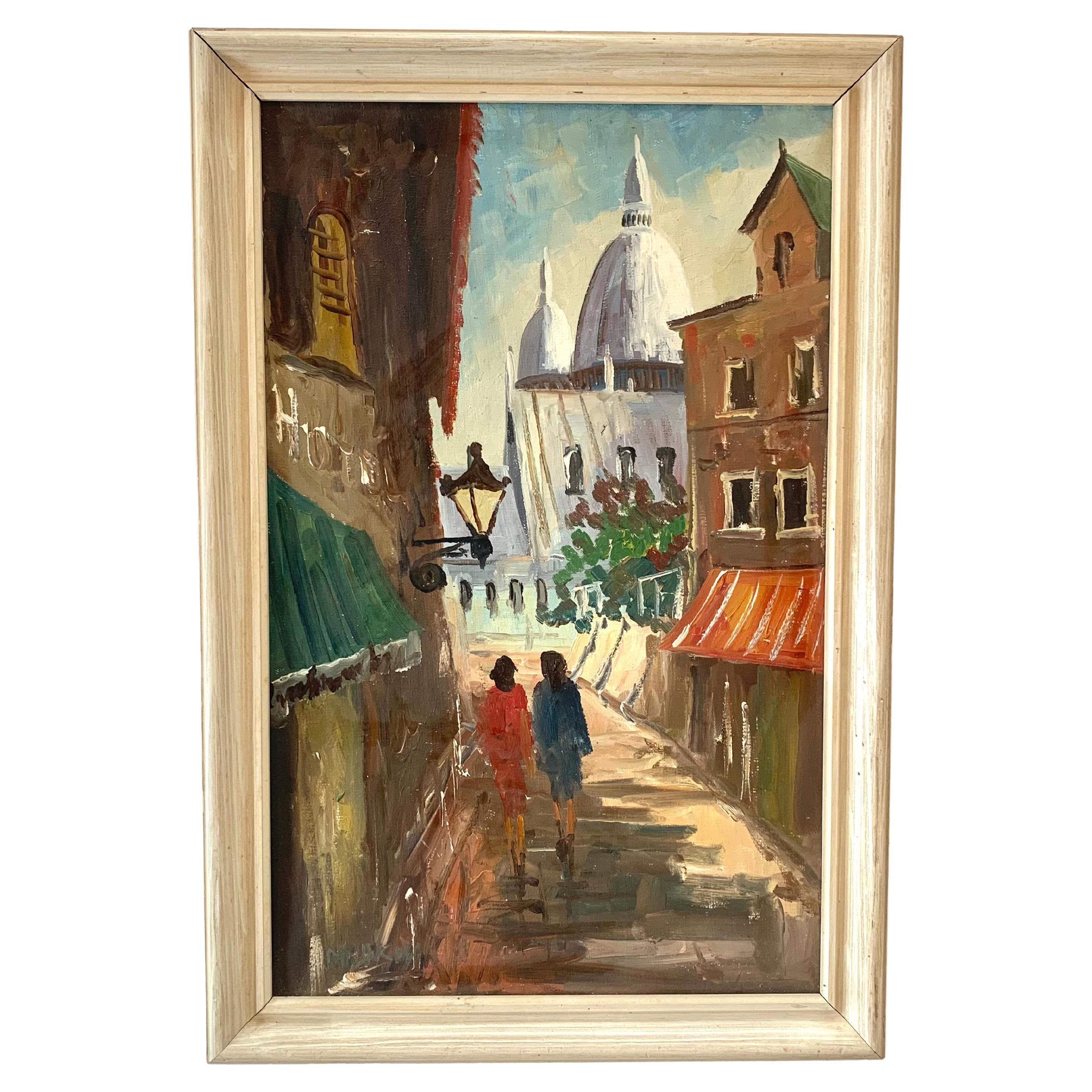 Peinture à l'huile vintage du milieu du siècle représentant des femmes dans un paysage de Paris près du Sacré Coeur