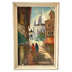 Peinture à l'huile vintage du milieu du siècle représentant des femmes dans un paysage de Paris près du Sacré Coeur