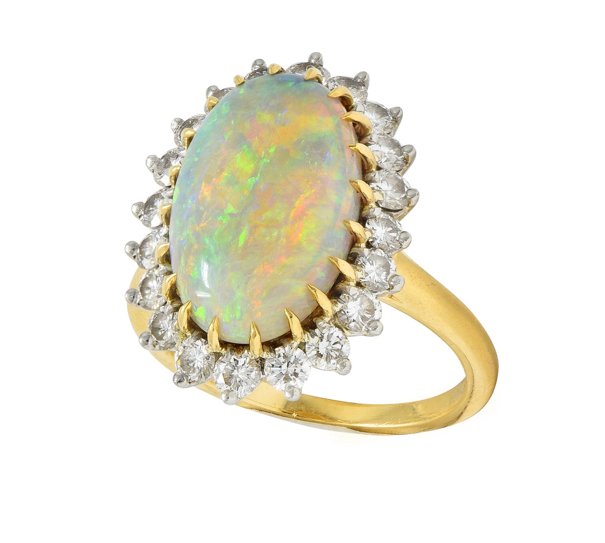 Mid-Century Vintage Opal Diamond Platinum 18 Karat Yellow Gold Halo Ring 5