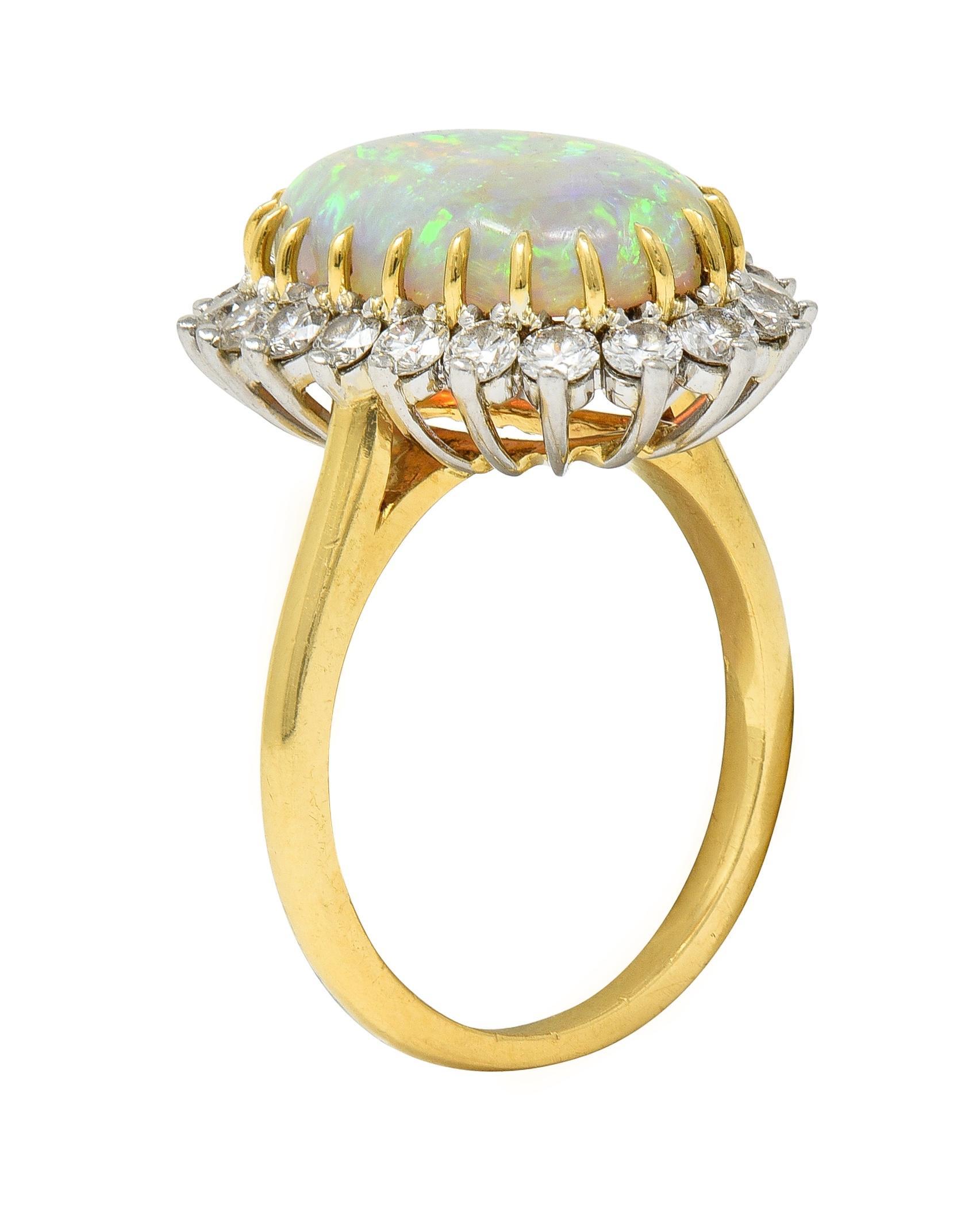 Mid-Century Vintage Opal Diamond Platinum 18 Karat Yellow Gold Halo Ring 6