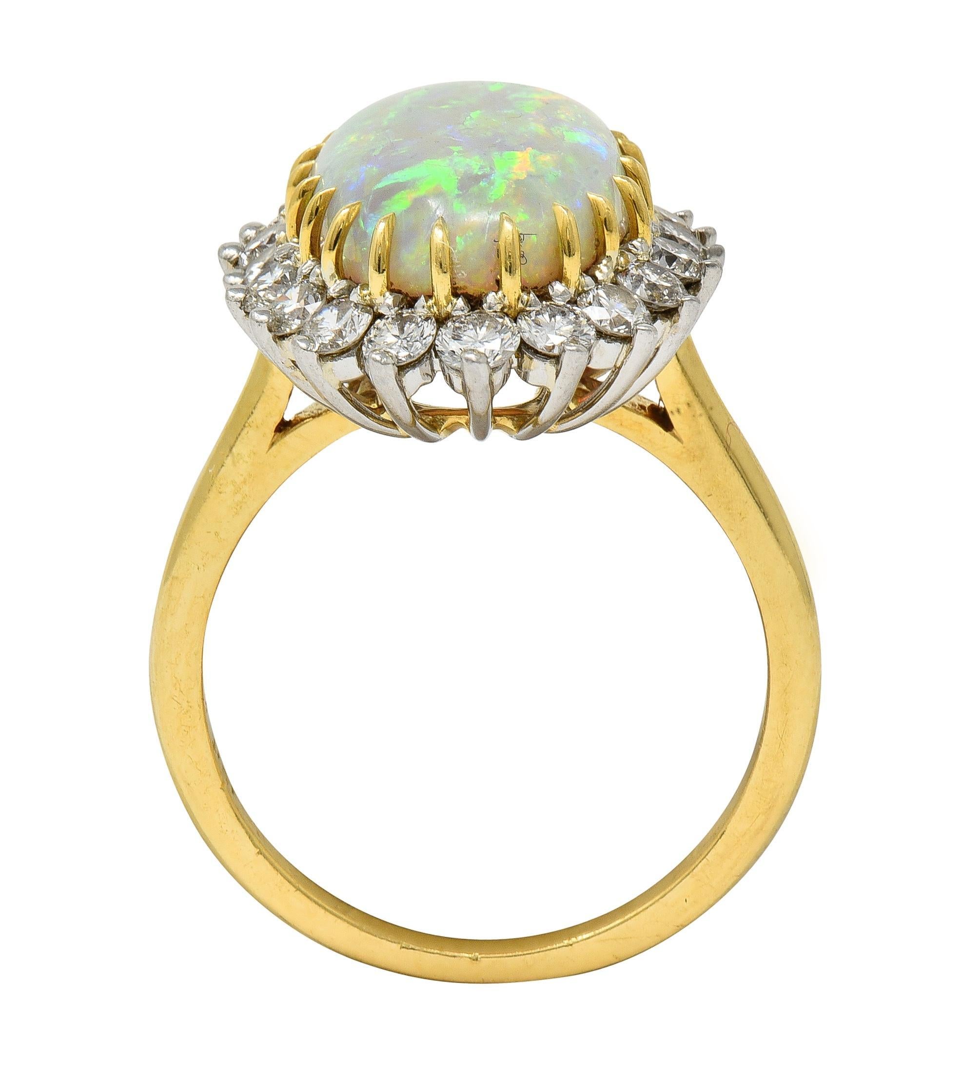 Mid-Century Vintage Opal Diamond Platinum 18 Karat Yellow Gold Halo Ring 7