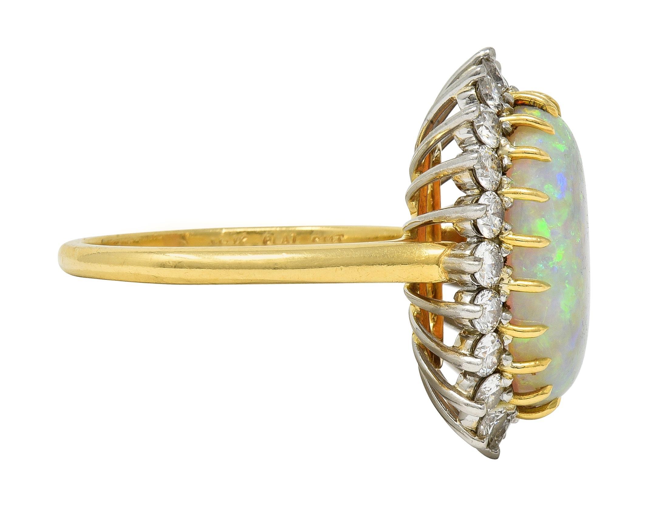 Brilliant Cut Mid-Century Vintage Opal Diamond Platinum 18 Karat Yellow Gold Halo Ring