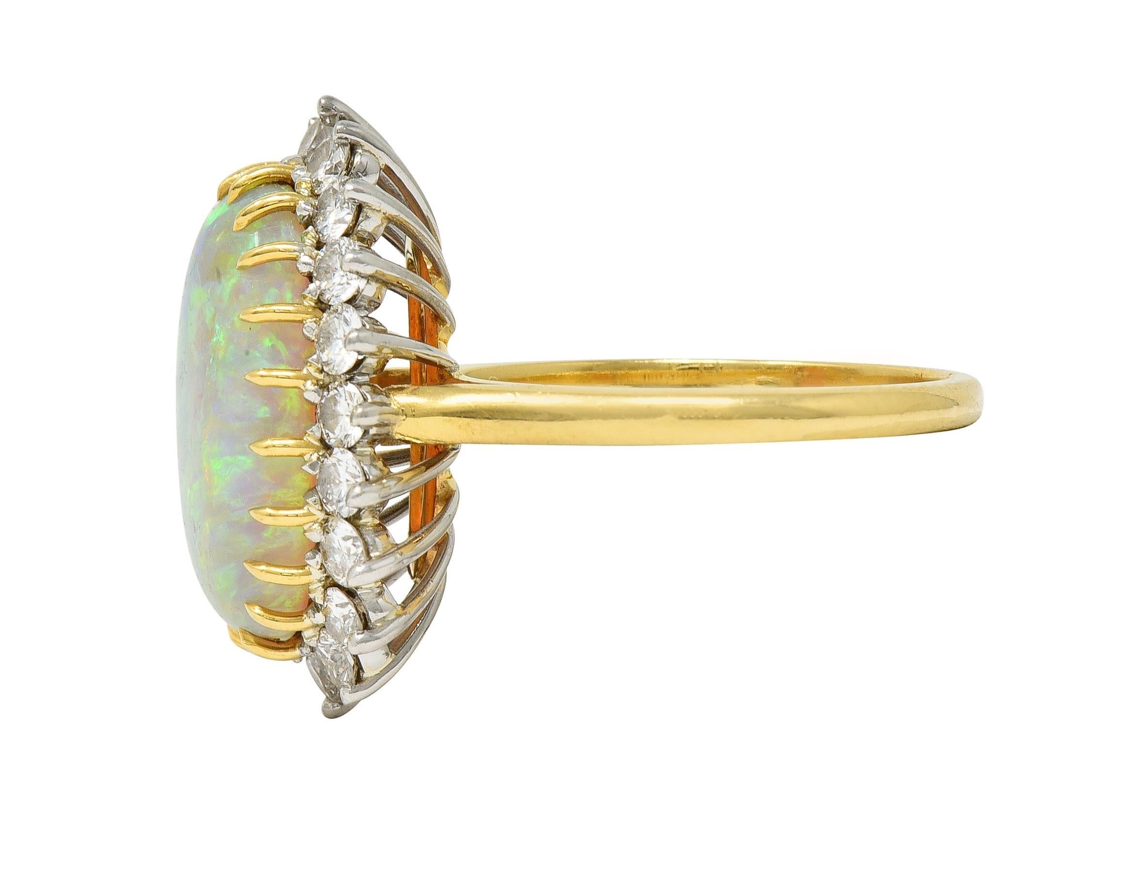 Women's or Men's Mid-Century Vintage Opal Diamond Platinum 18 Karat Yellow Gold Halo Ring