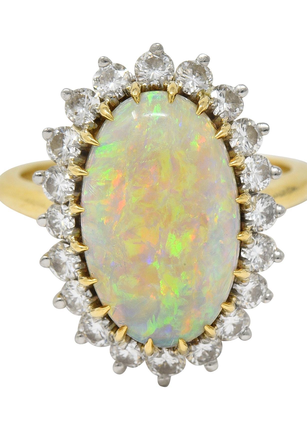 Mid-Century Vintage Opal Diamond Platinum 18 Karat Yellow Gold Halo Ring 3