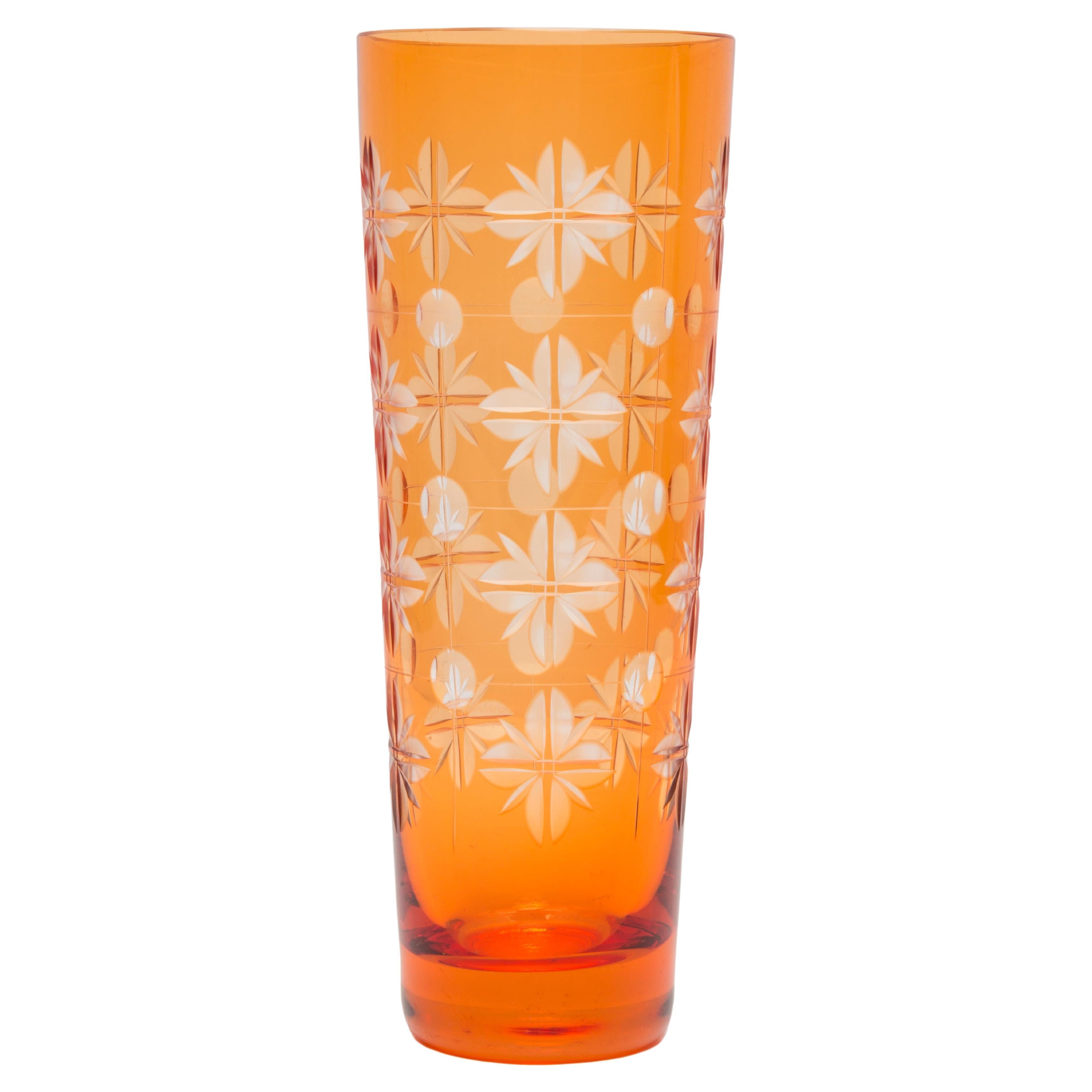 Mid Century Vintage Orange Crystal Glass Vase, Europe, 1960s For Sale