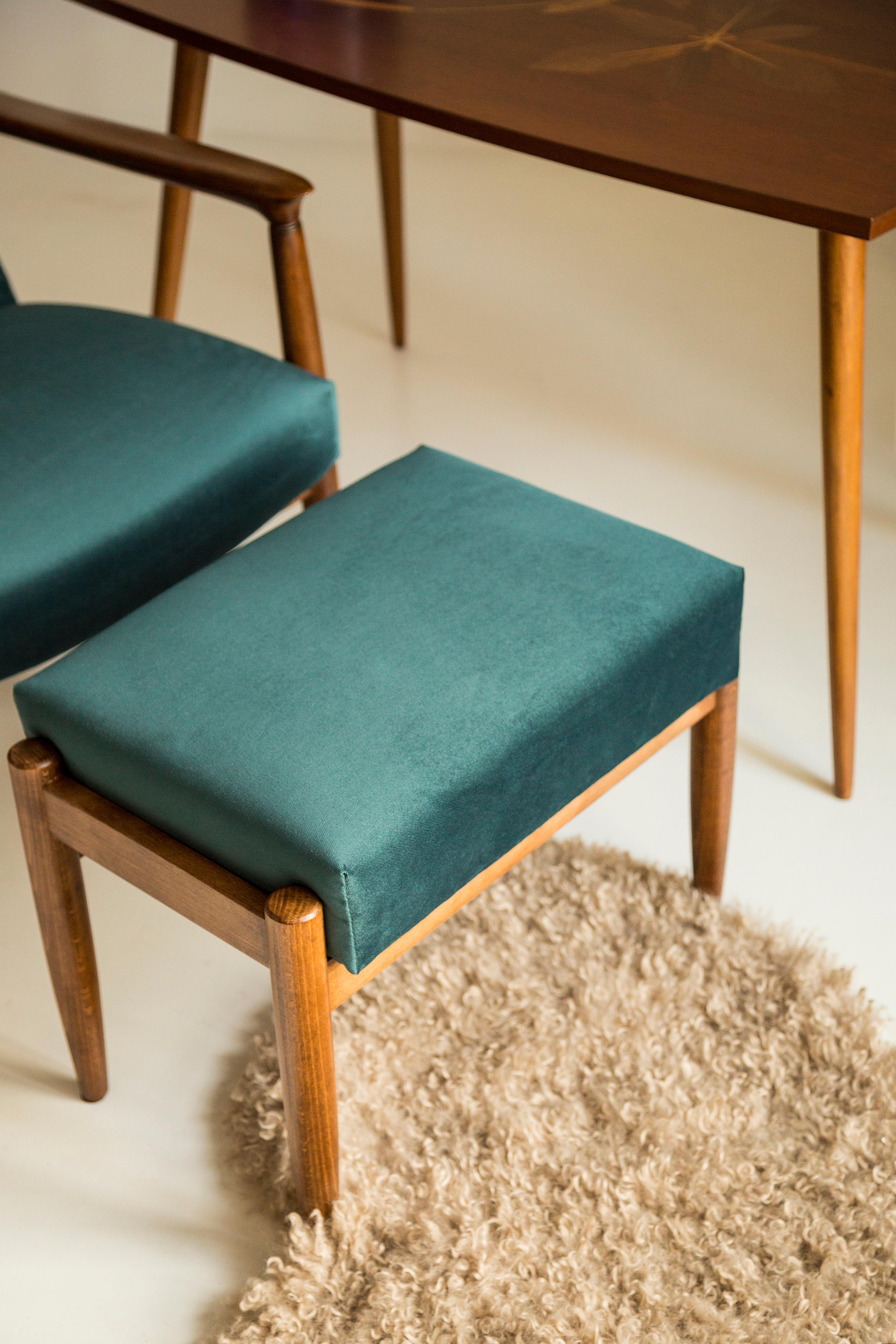 Stool from the turn of the 1960s. Beautiful white and blue high quality linen upholstery. The stools consists of an upholstered part, a seat and wooden legs narrowing downwards, characteristic of the 1960s style. We can prepare this stool also in