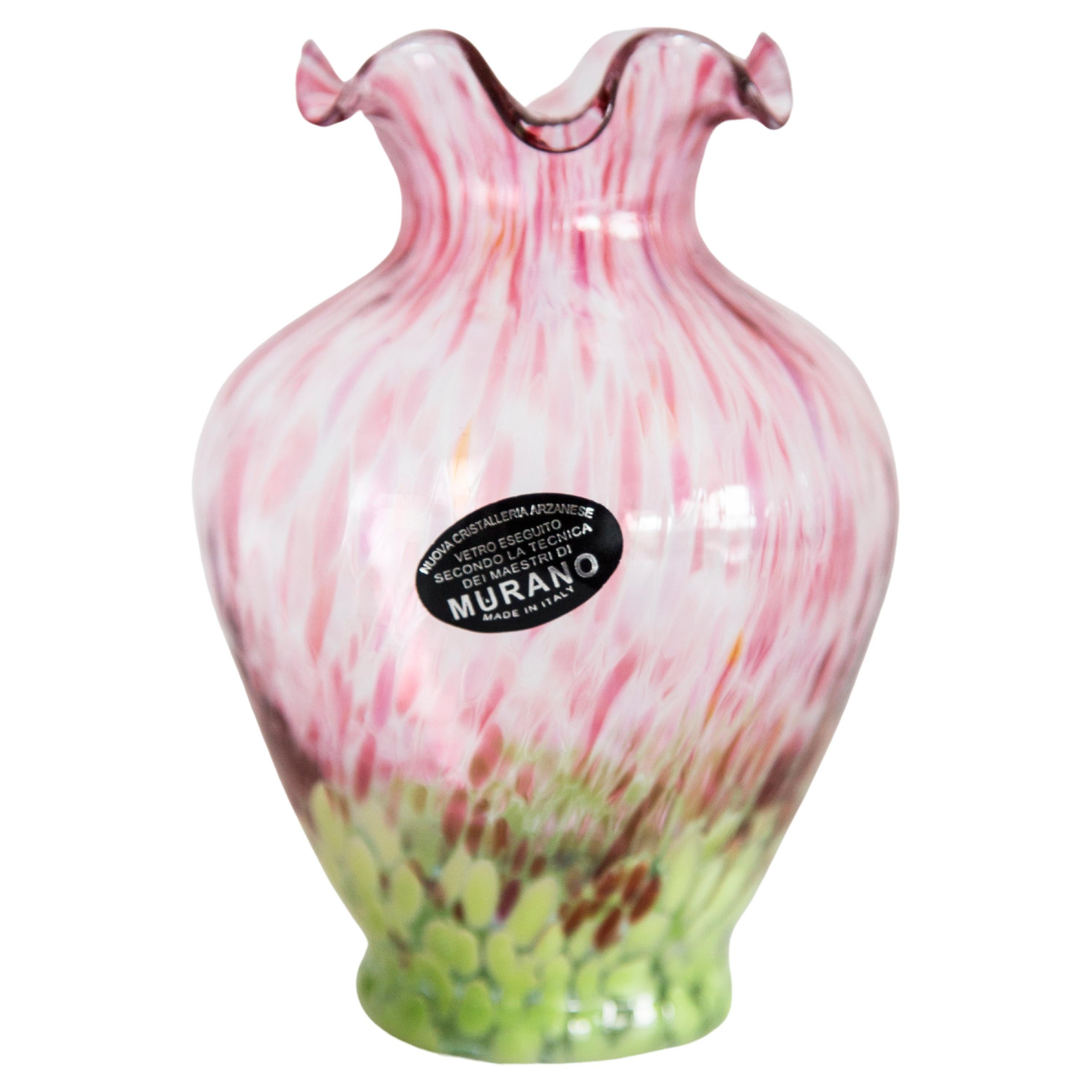 Mid Century Vintage Pink and Green Small Murano Vase, Italy, 1960s For Sale