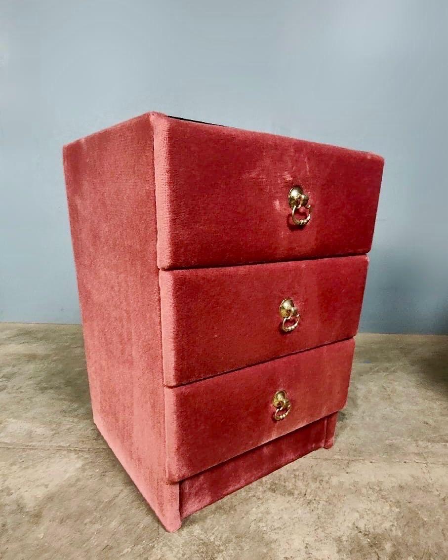 Mid-Century Modern Mid Century Vintage Pink Velvet Bedside Tables With Glass Tops Retro MCM For Sale