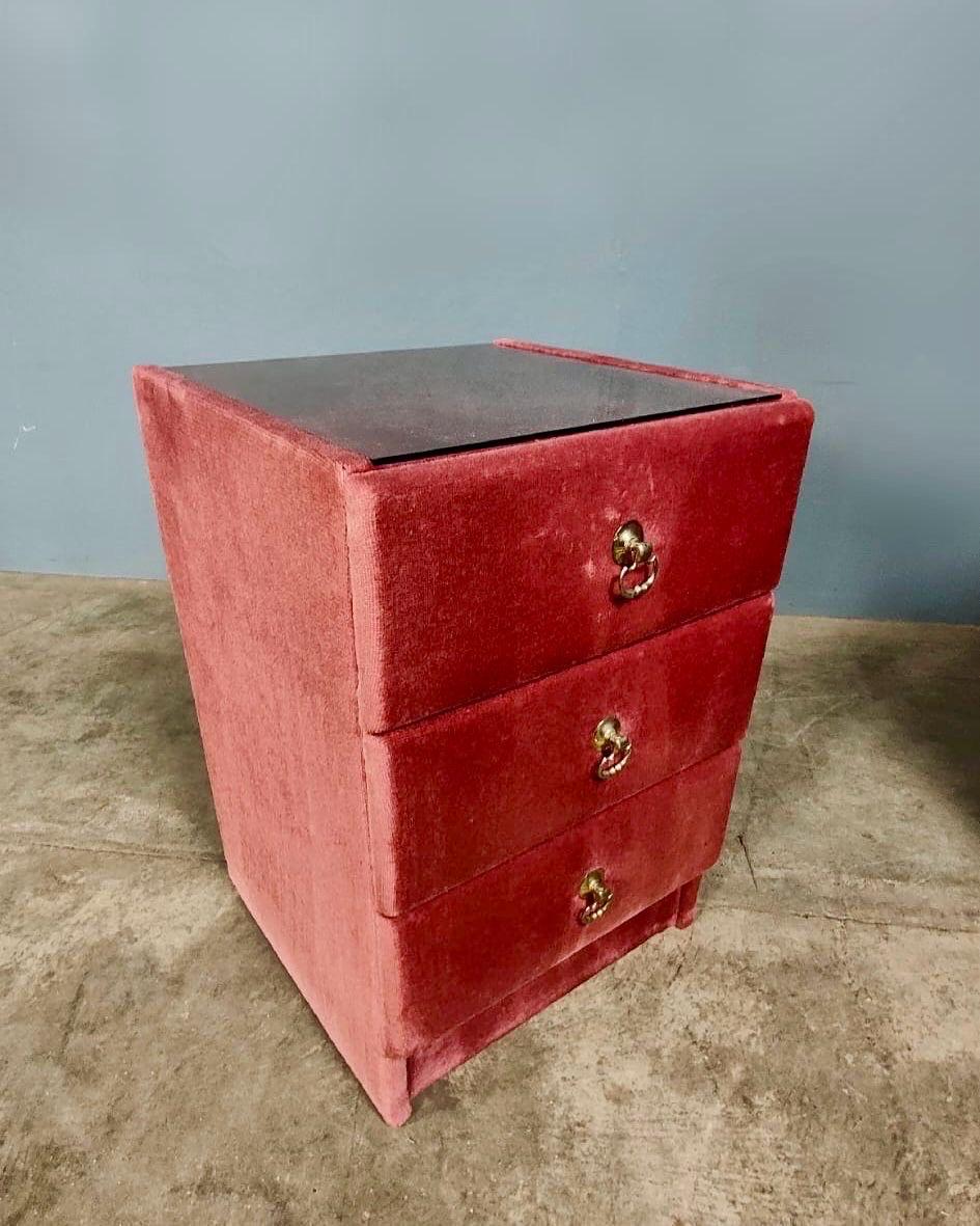 Unknown Mid Century Vintage Pink Velvet Bedside Tables With Glass Tops Retro MCM