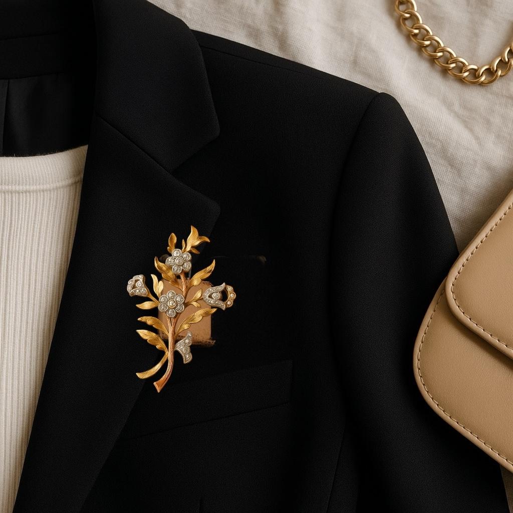 Elevate your jewelry collection with this exquisite Mid-Century Vintage Platinum and 18k Yellow Gold Diamond Brooch, a true testament to timeless elegance and craftsmanship.
Features:
Material: This stunning brooch is meticulously crafted from