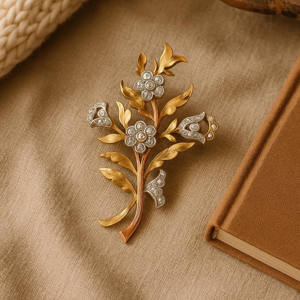 Round Cut Mid-Century Vintage Platinum and 18k Yellow Gold Diamond Brooch 2.25 Inch Long For Sale