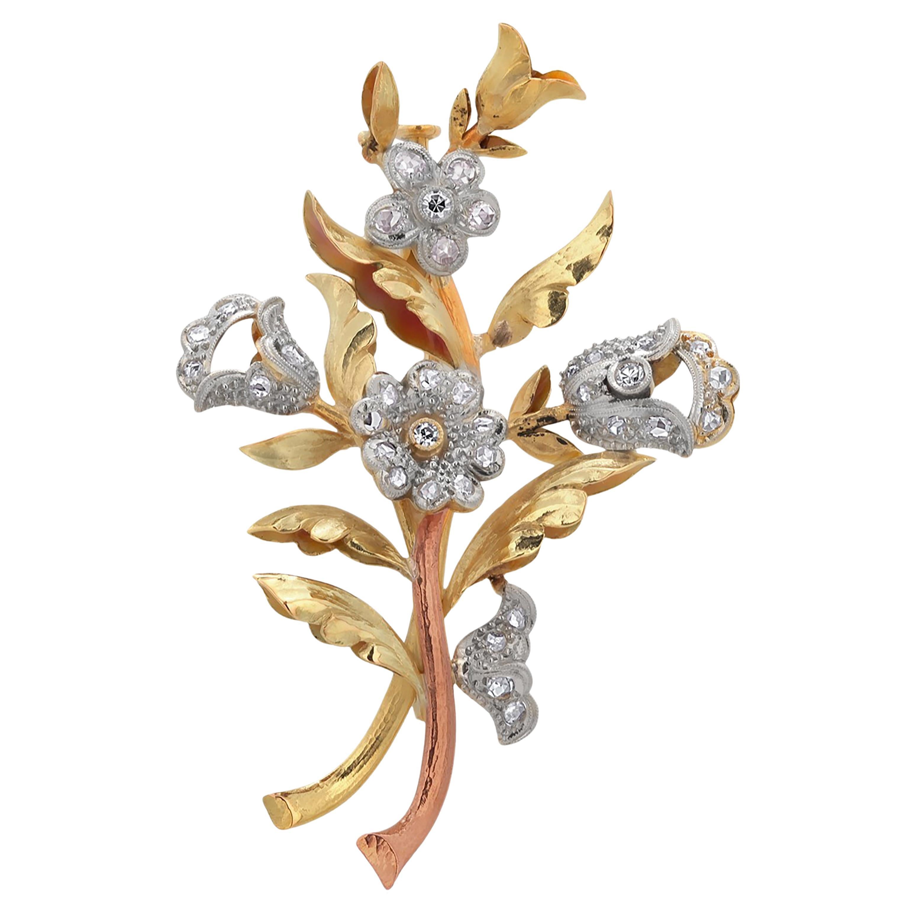 Mid-Century Vintage Platinum and 18k Yellow Gold Diamond Brooch 2.25 Inch Long