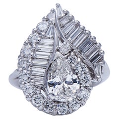 Midcentury, Vintage, Platinum, White Gold, Large Diamond Cluster Ring