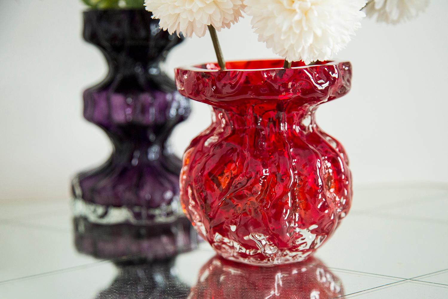20th Century Mid Century Vintage Purple Ingrid Glass Vase Rock Crystal, Germany, 1970s For Sale