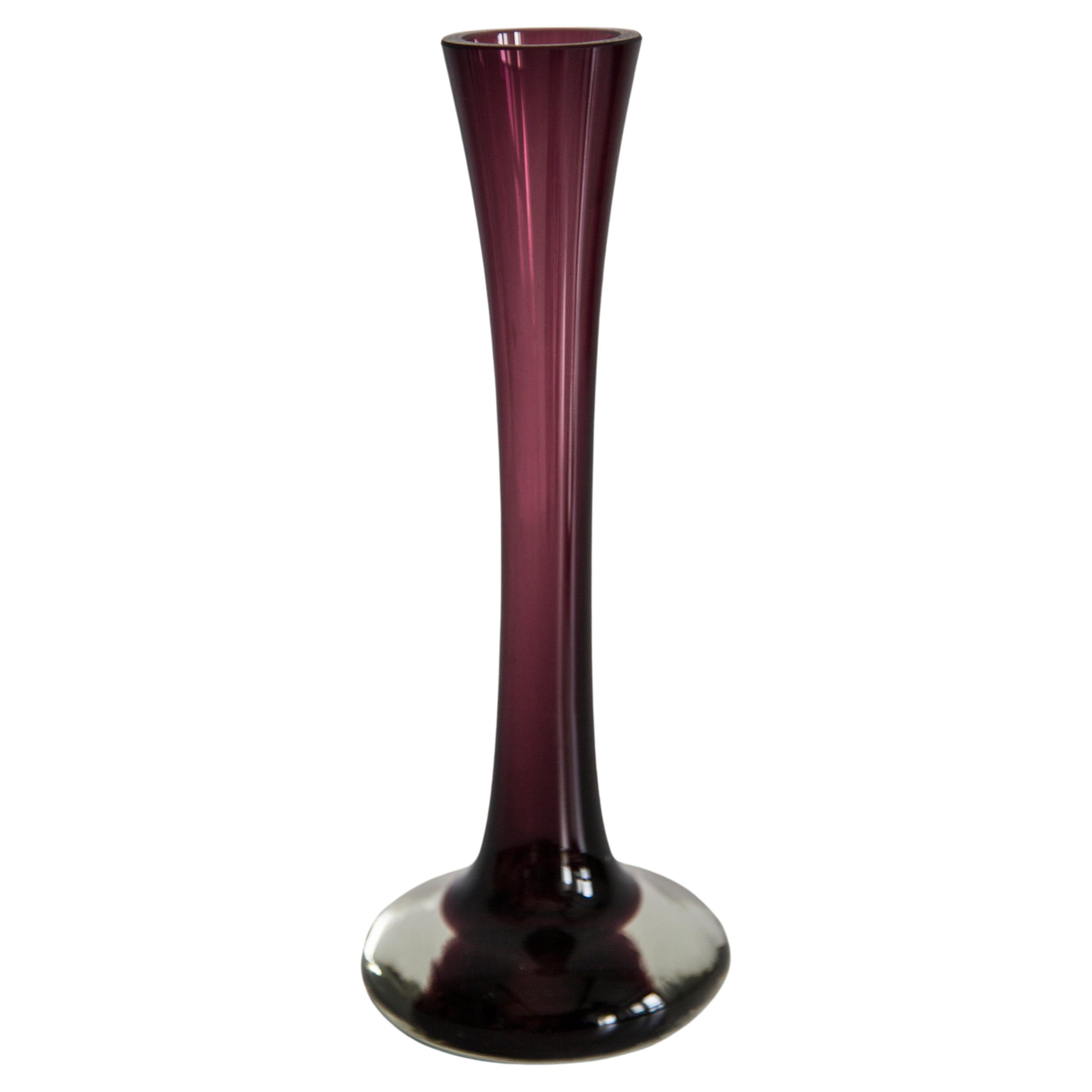 Mid Century Vintage Purple Small Slim Glass Vase, Europe, 1960s For Sale